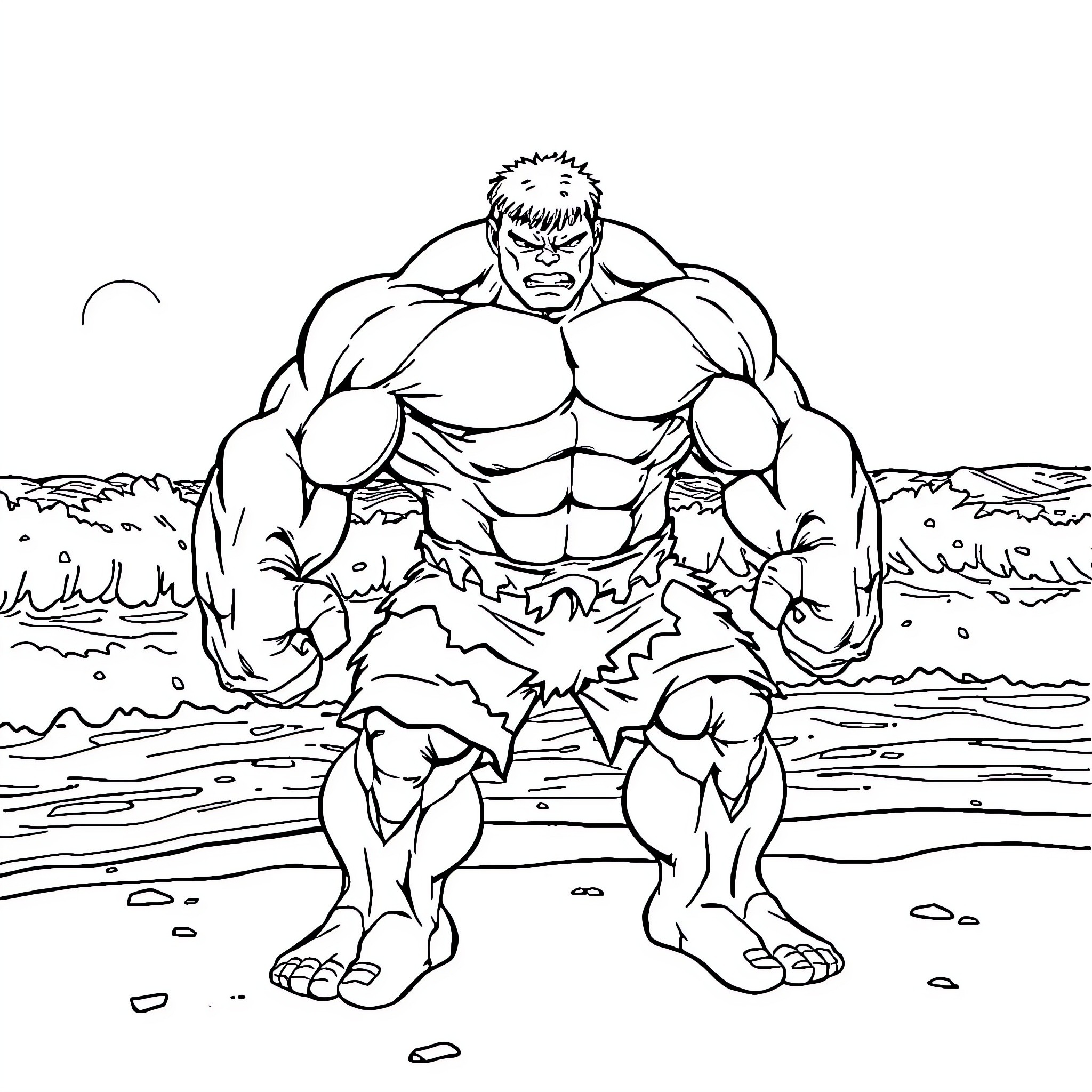Hulk smashing through the ground Coloring Page (free black-and-white line drawing printable PDF for all, from beginners to advanced learners, including children, teens, adults, and seniors)