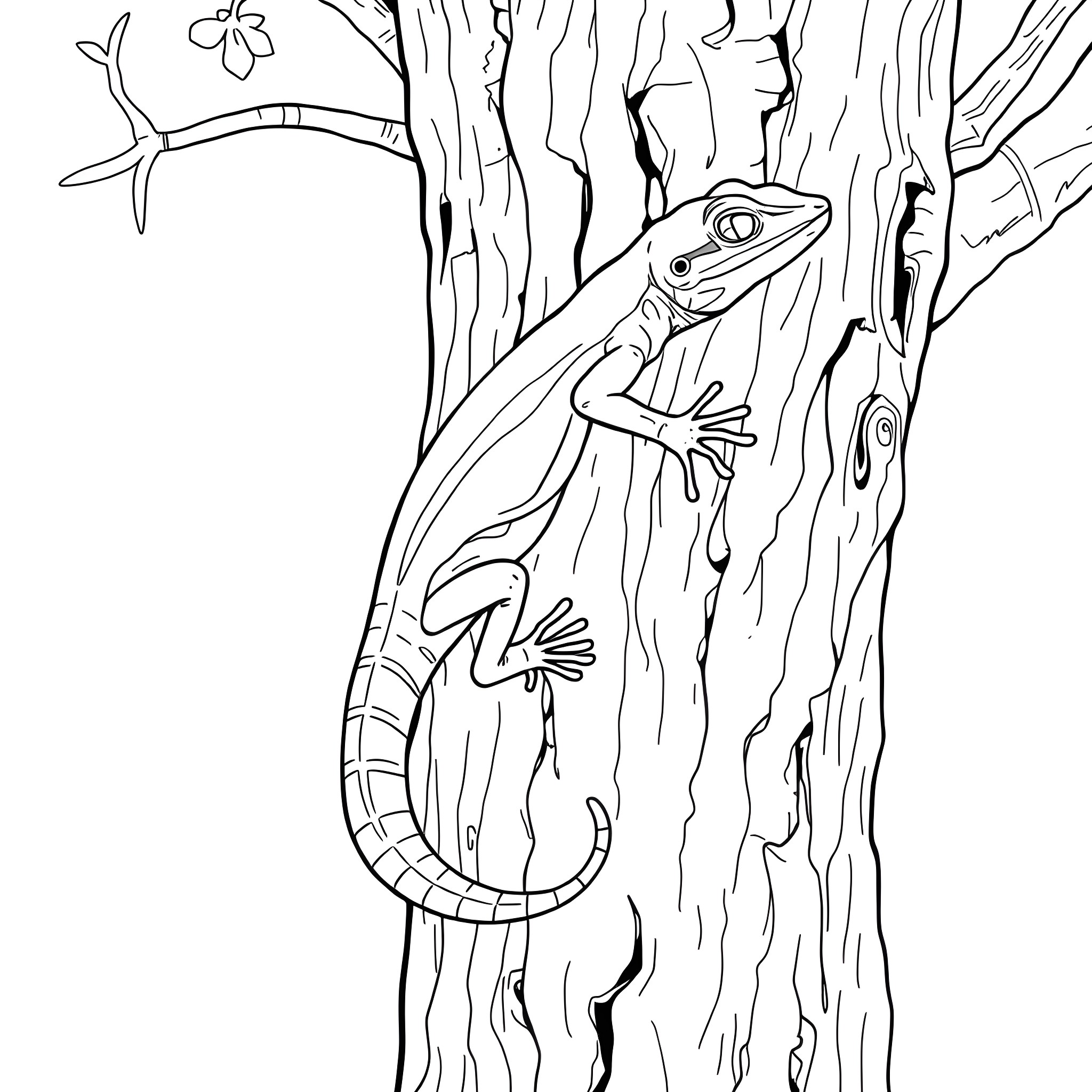 Emerald Tree Skink climbing on a tree trunk Coloring Page (free black-and-white line drawing printable PDF for all, from beginners to advanced learners, including children, teens, adults, and seniors)