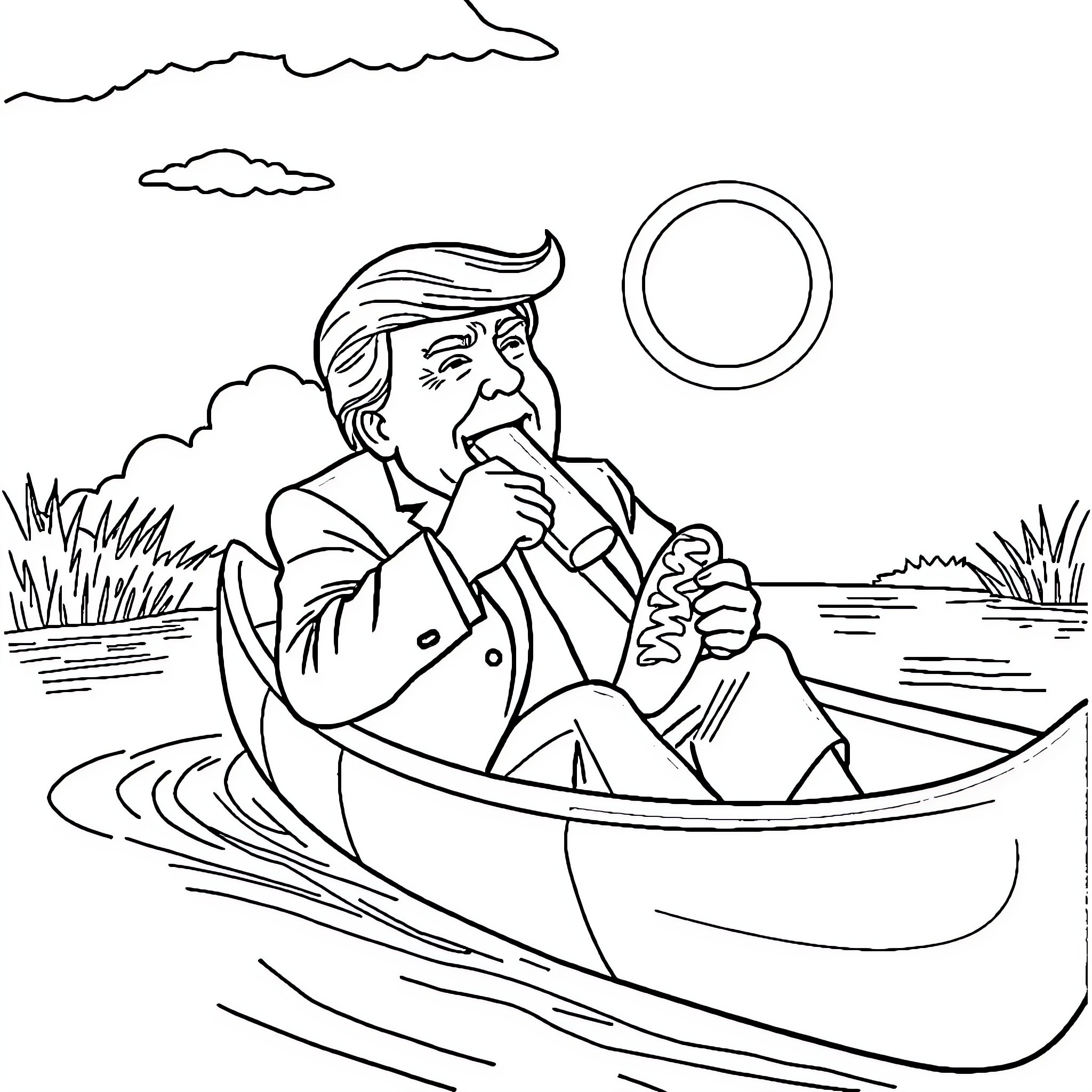 Trump Relaxing on a Boat in Nature Coloring Page (free black-and-white line drawing printable PDF for all, from beginners to advanced learners, including children, teens, adults, and seniors)