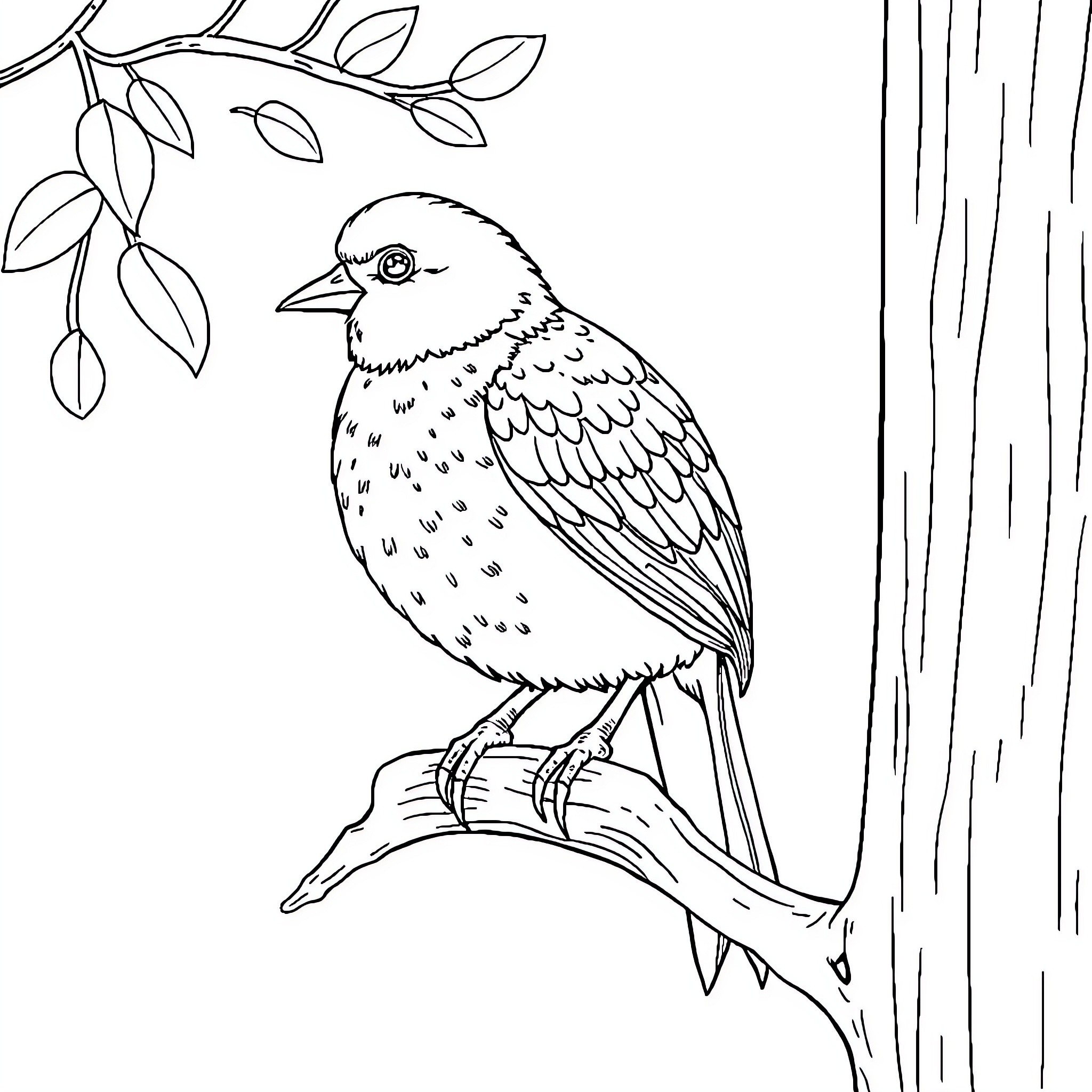 Hen perched on branch in natural setting Coloring Page (free black-and-white line drawing printable PDF for all, from beginners to advanced learners, including children, teens, adults, and seniors)