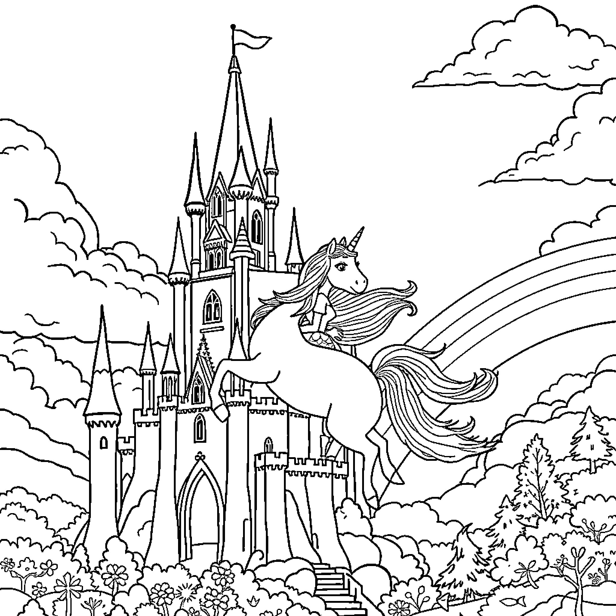 Princess riding unicorn in enchanted castle kingdom Coloring Page (free black-and-white line drawing printable PDF for all, from beginners to advanced learners, including children, teens, adults, and seniors)