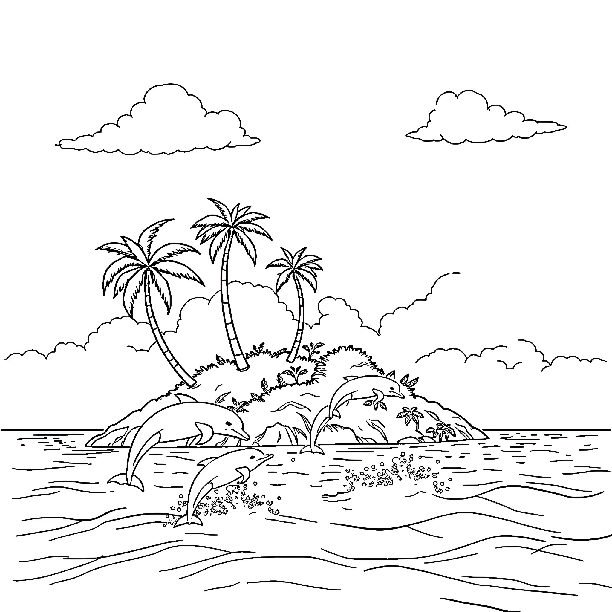 Dolphin jumping in the tropical sea Coloring Page (free black-and-white line drawing printable PDF for all, from beginners to advanced learners, including children, teens, adults, and seniors)