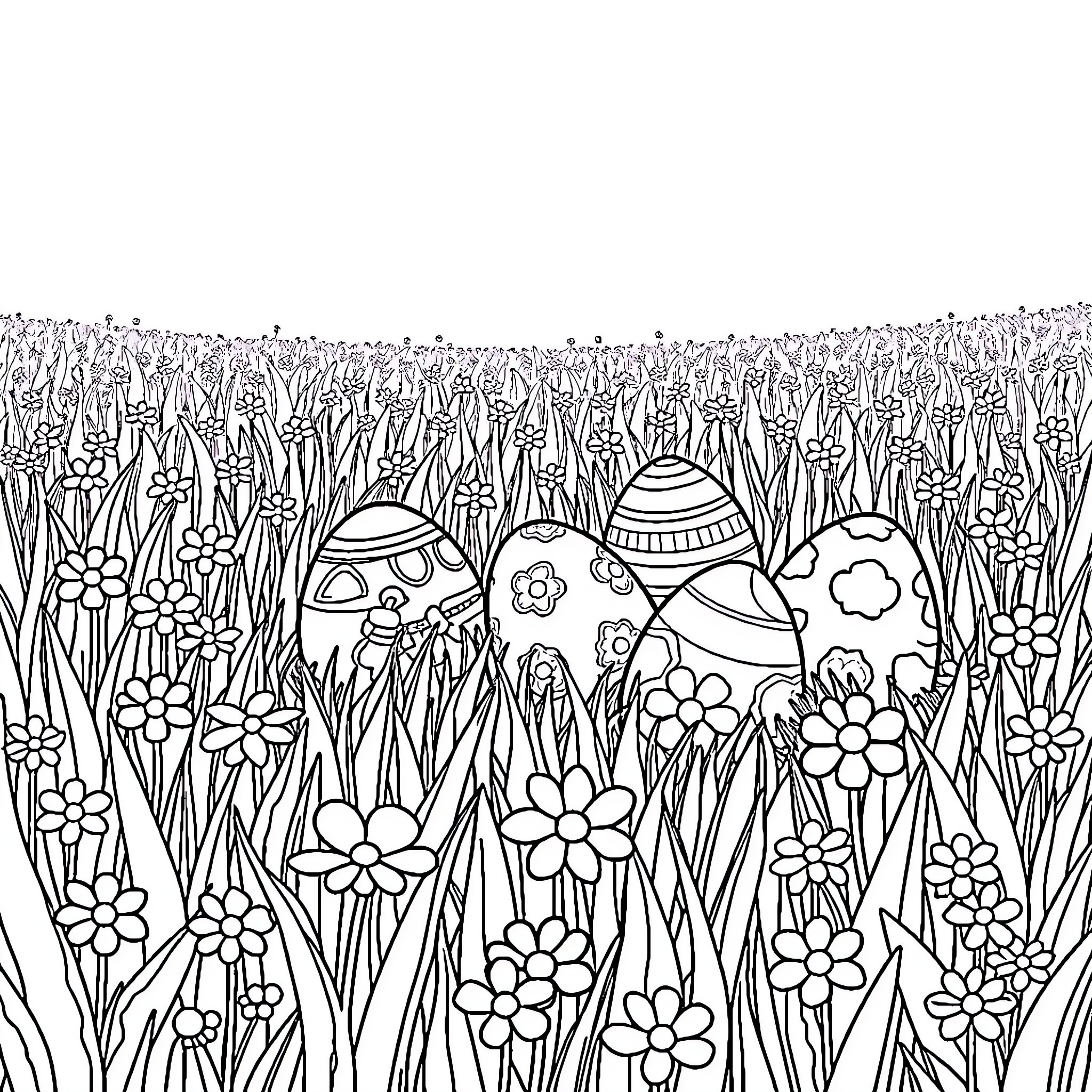 Easter Egg Hunt in a Blooming Meadow Coloring Page (free black-and-white line drawing printable PDF for all, from beginners to advanced learners, including children, teens, adults, and seniors)