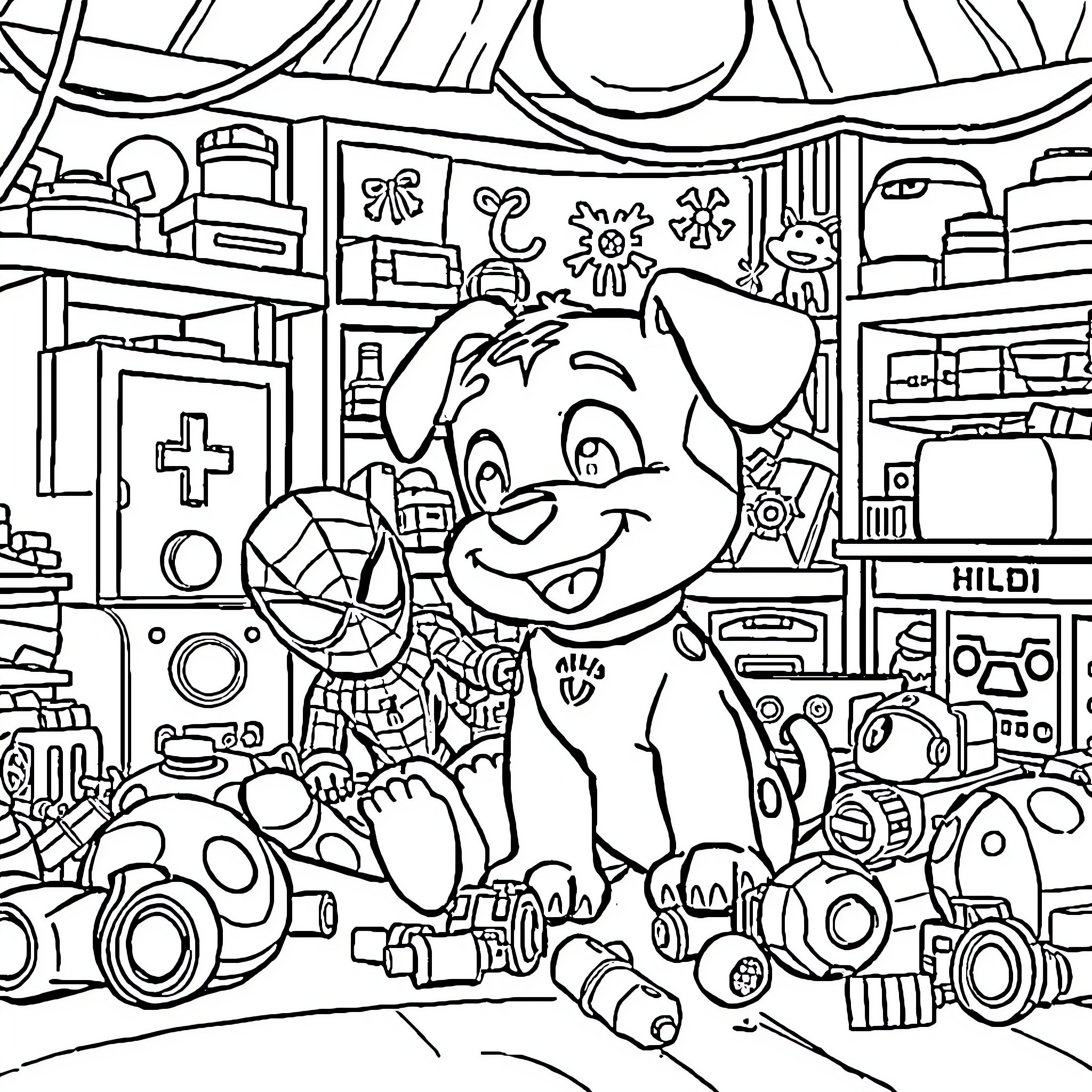 Rubble of Toys and Gadgets in the Playroom Coloring Page (free black-and-white line drawing printable PDF for all, from beginners to advanced learners, including children, teens, adults, and seniors)