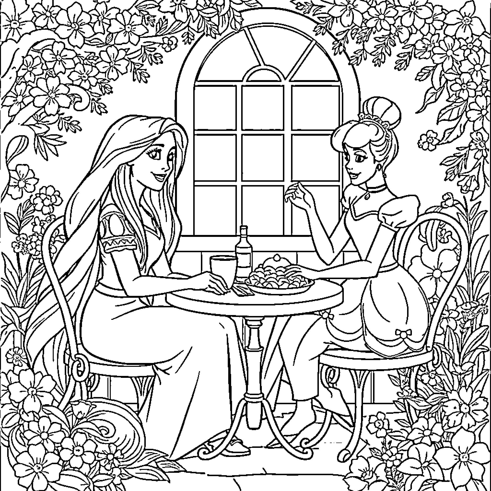 Rapunzel Enjoying Tea with Her Friend Coloring Page (free black-and-white line drawing printable PDF for all, from beginners to advanced learners, including children, teens, adults, and seniors)
