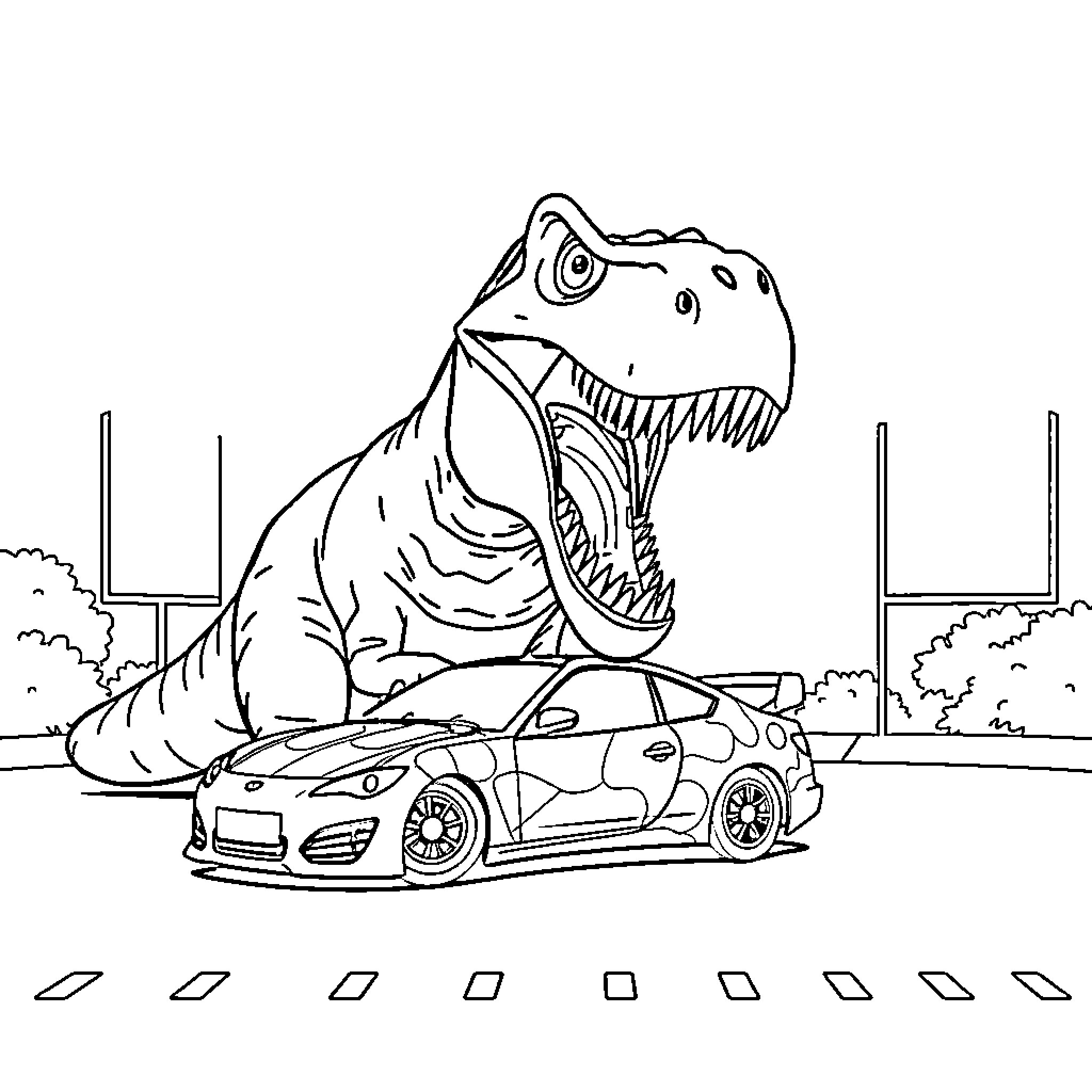 Dinosaur chasing car in city Coloring Page (free black-and-white line drawing printable PDF for all, from beginners to advanced learners, including children, teens, adults, and seniors)