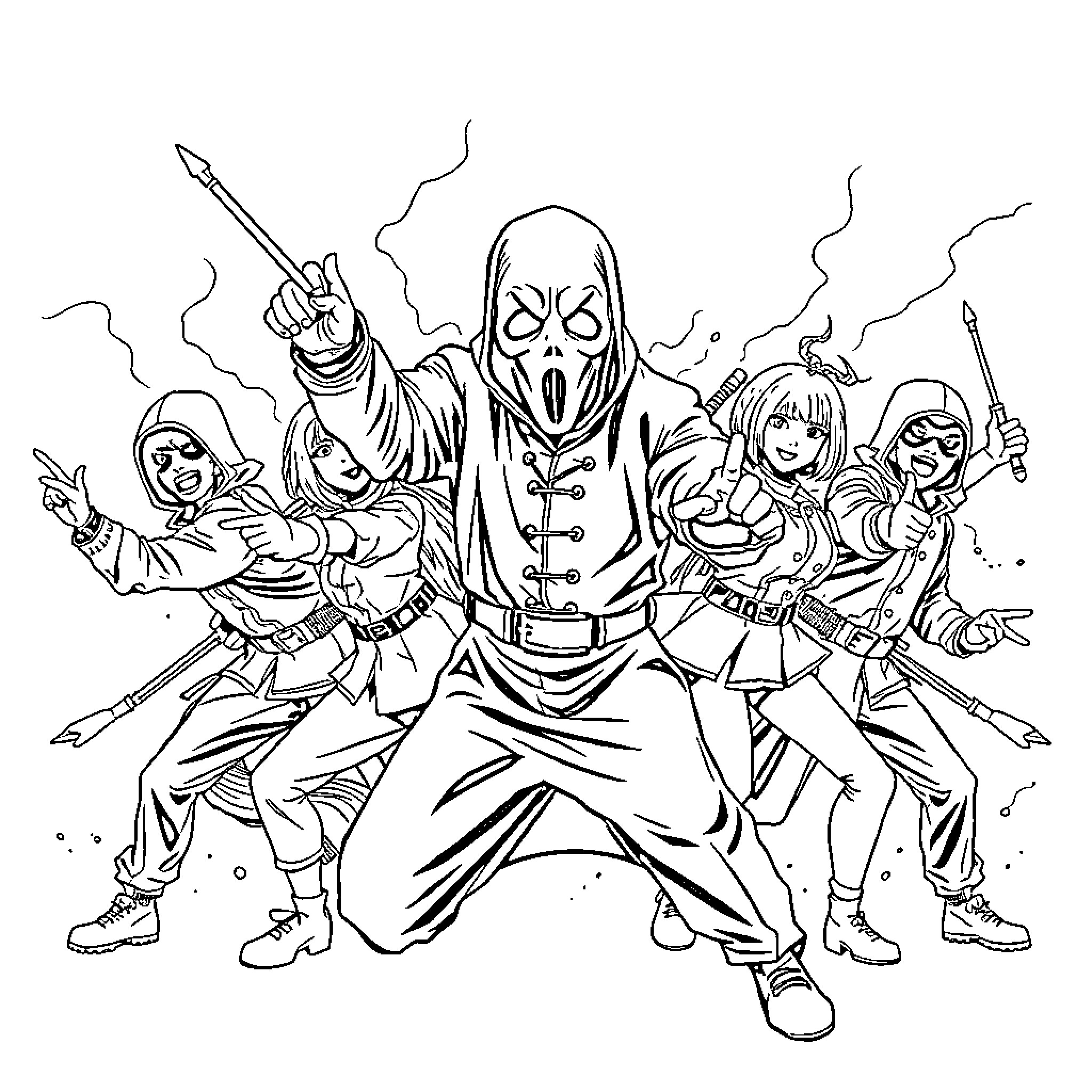 Ghost Face heroic warriors in battle stance Coloring Page (free black-and-white line drawing printable PDF for all, from beginners to advanced learners, including children, teens, adults, and seniors)