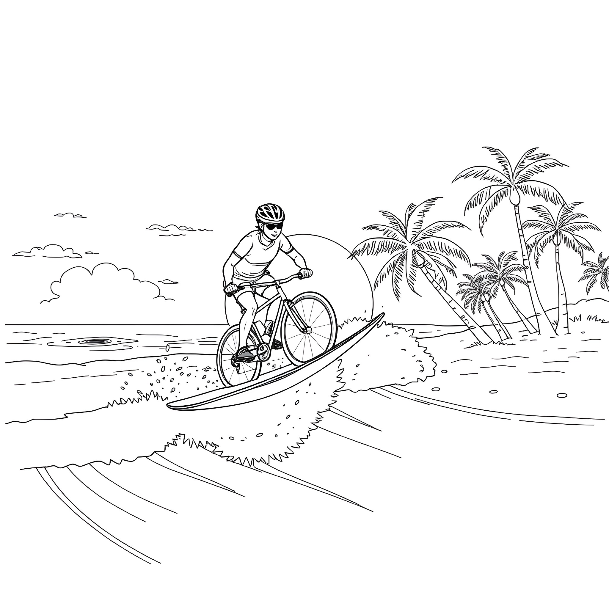 Bike rider enjoying tropical beach adventure Coloring Page (free black-and-white line drawing printable PDF for all, from beginners to advanced learners, including children, teens, adults, and seniors)