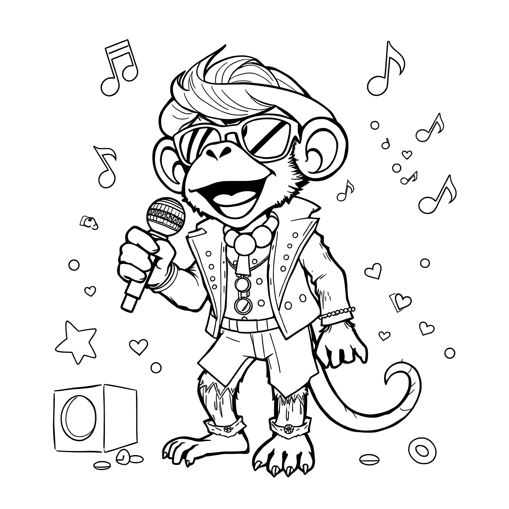 Monkey singing and performing on stage Coloring Page (free black-and-white line drawing printable PDF for all, from beginners to advanced learners, including children, teens, adults, and seniors)