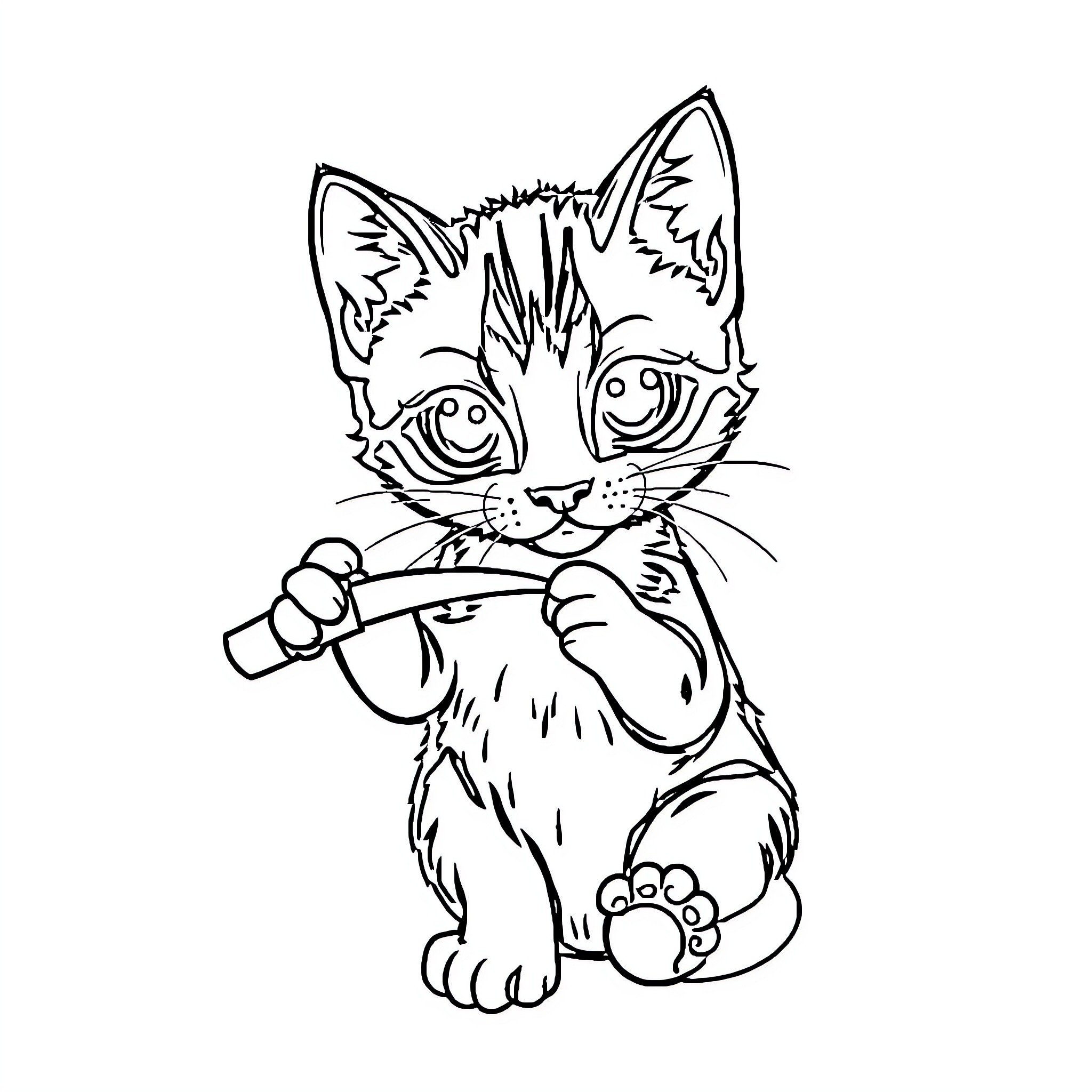Gatito Playing with a Toy Coloring Page (free black-and-white line drawing printable PDF for all, from beginners to advanced learners, including children, teens, adults, and seniors)