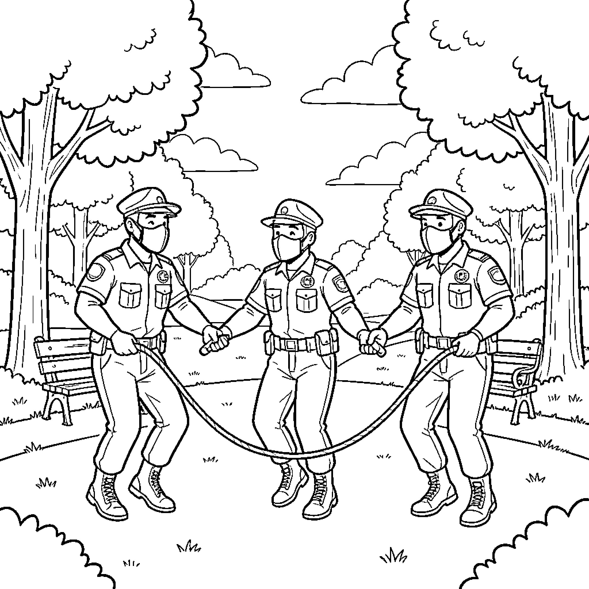 Ice Agent Apprehending Suspects in Park Coloring Page (free black-and-white line drawing printable PDF for all, from beginners to advanced learners, including children, teens, adults, and seniors)