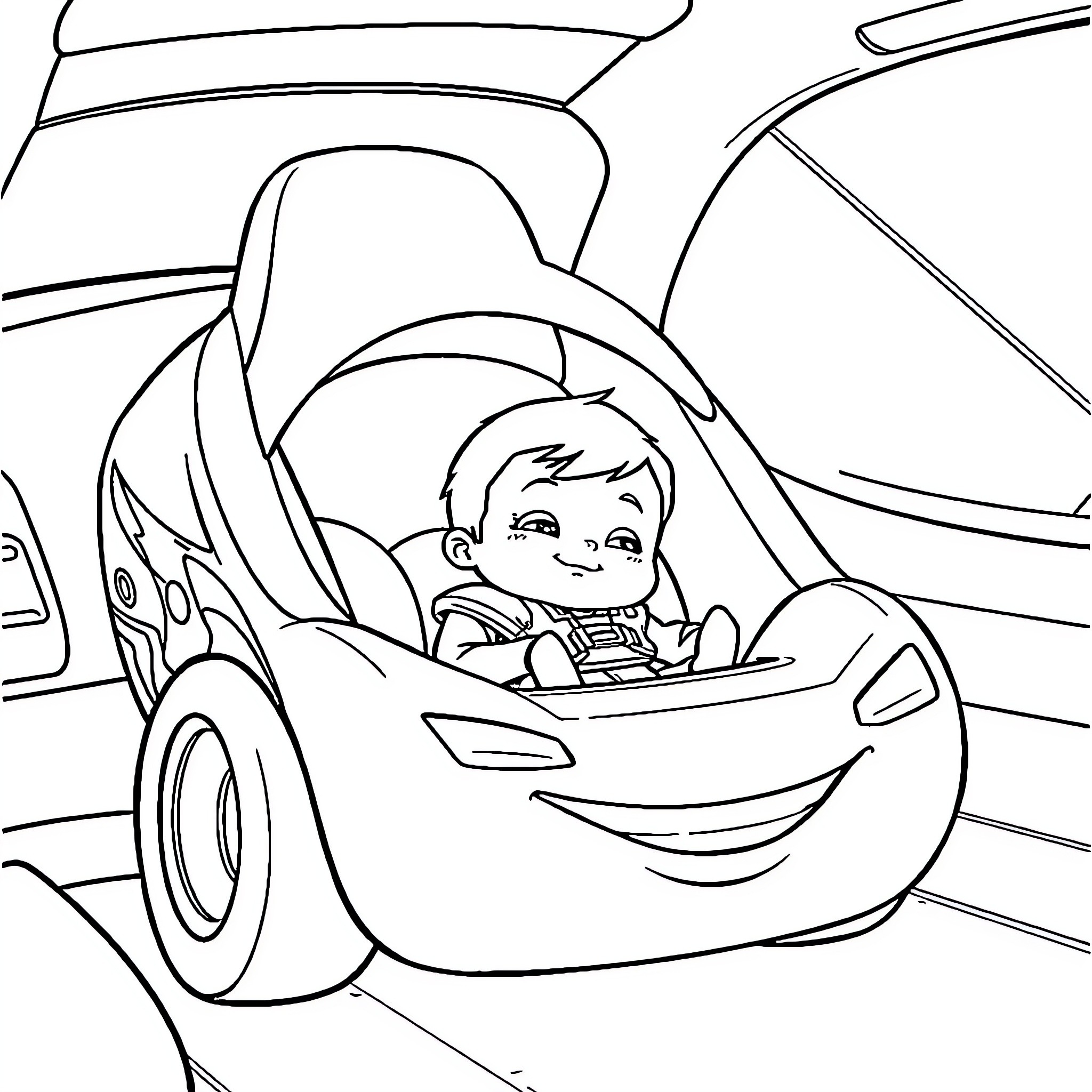 Lightning McQueen race car with happy child driver Coloring Page (free black-and-white line drawing printable PDF for all, from beginners to advanced learners, including children, teens, adults, and seniors)