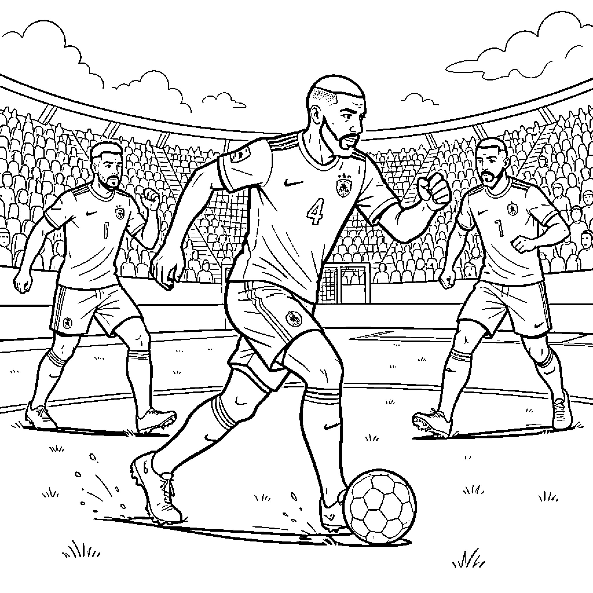 Mbappe dribbling a soccer ball during a match Coloring Page (free black-and-white line drawing printable PDF for all, from beginners to advanced learners, including children, teens, adults, and seniors)