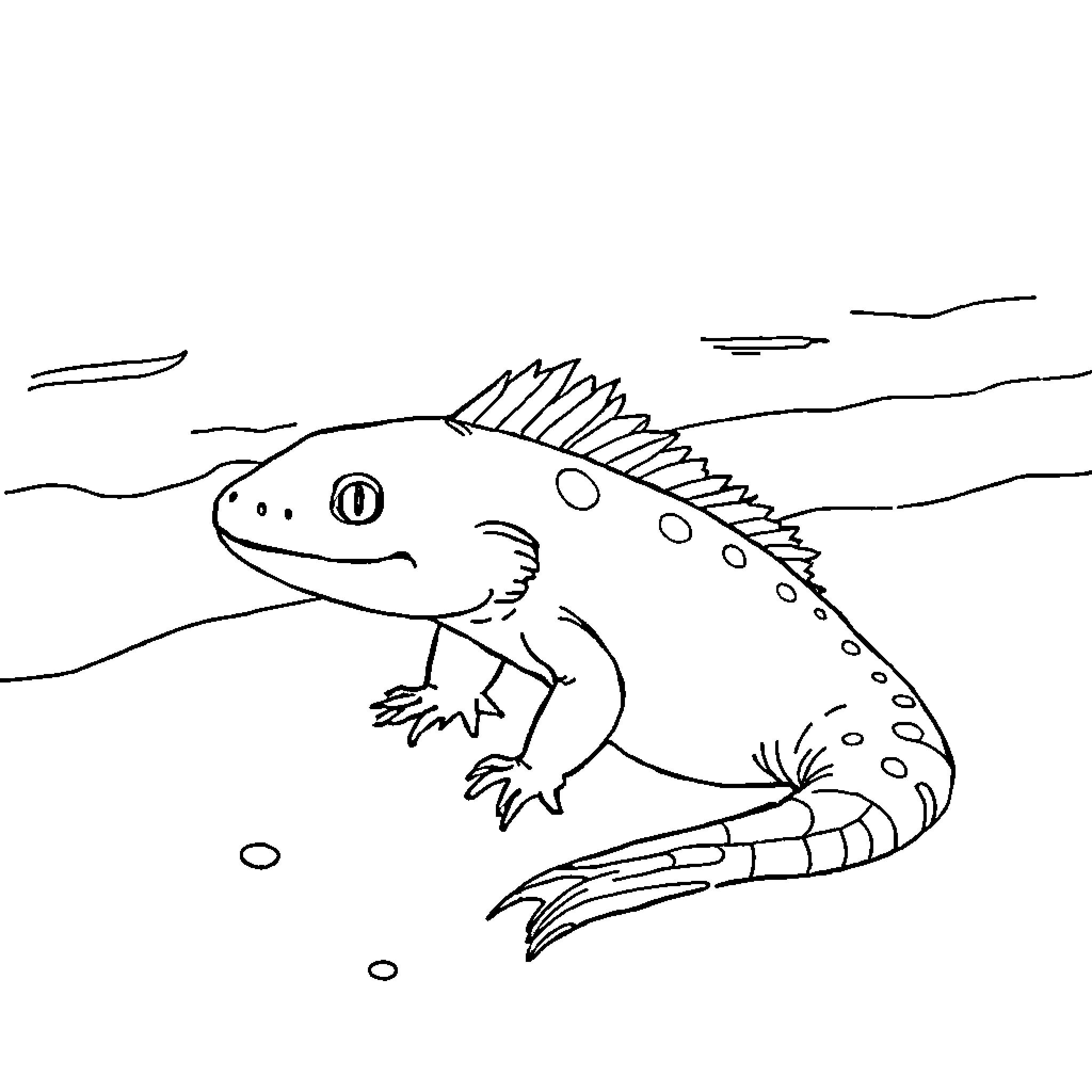 Axolotl exploring underwater landscape Coloring Page (free black-and-white line drawing printable PDF for all, from beginners to advanced learners, including children, teens, adults, and seniors)