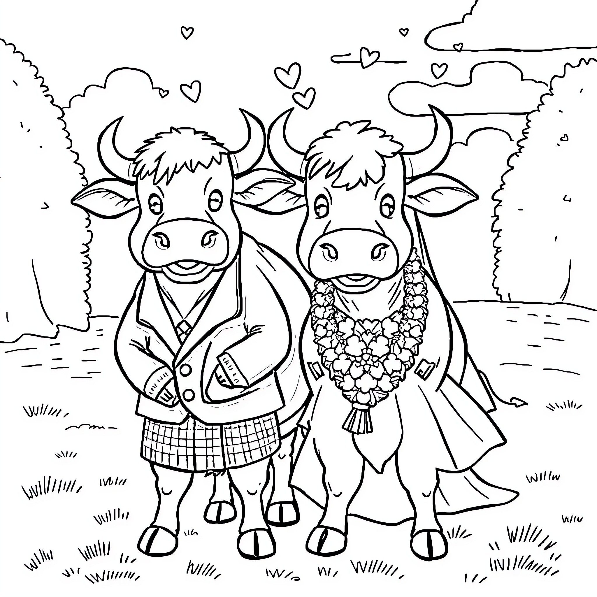 Cows dressed in traditional outfits at a celebration Coloring Page (free black-and-white line drawing printable PDF for all, from beginners to advanced learners, including children, teens, adults, and seniors)