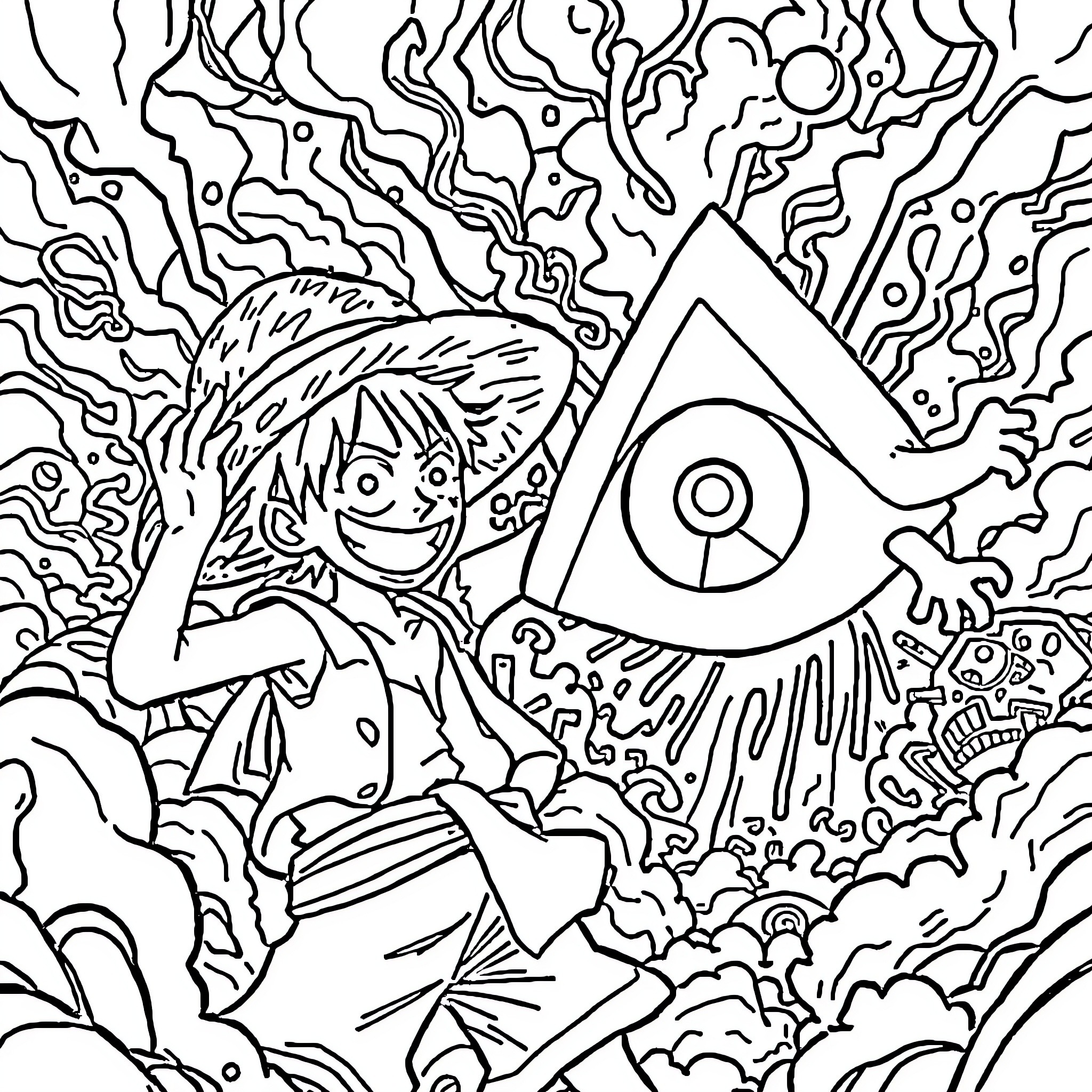 Luffy's Whimsical Adventure in a Surreal Realm Coloring Page (free black-and-white line drawing printable PDF for all, from beginners to advanced learners, including children, teens, adults, and seniors)