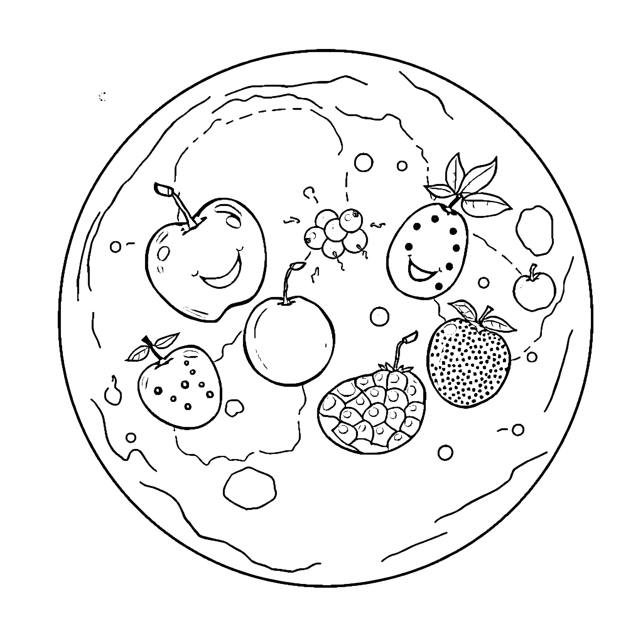 Fruit Assortment in Whimsical Arrangement Coloring Page (free black-and-white line drawing printable PDF for all, from beginners to advanced learners, including children, teens, adults, and seniors)