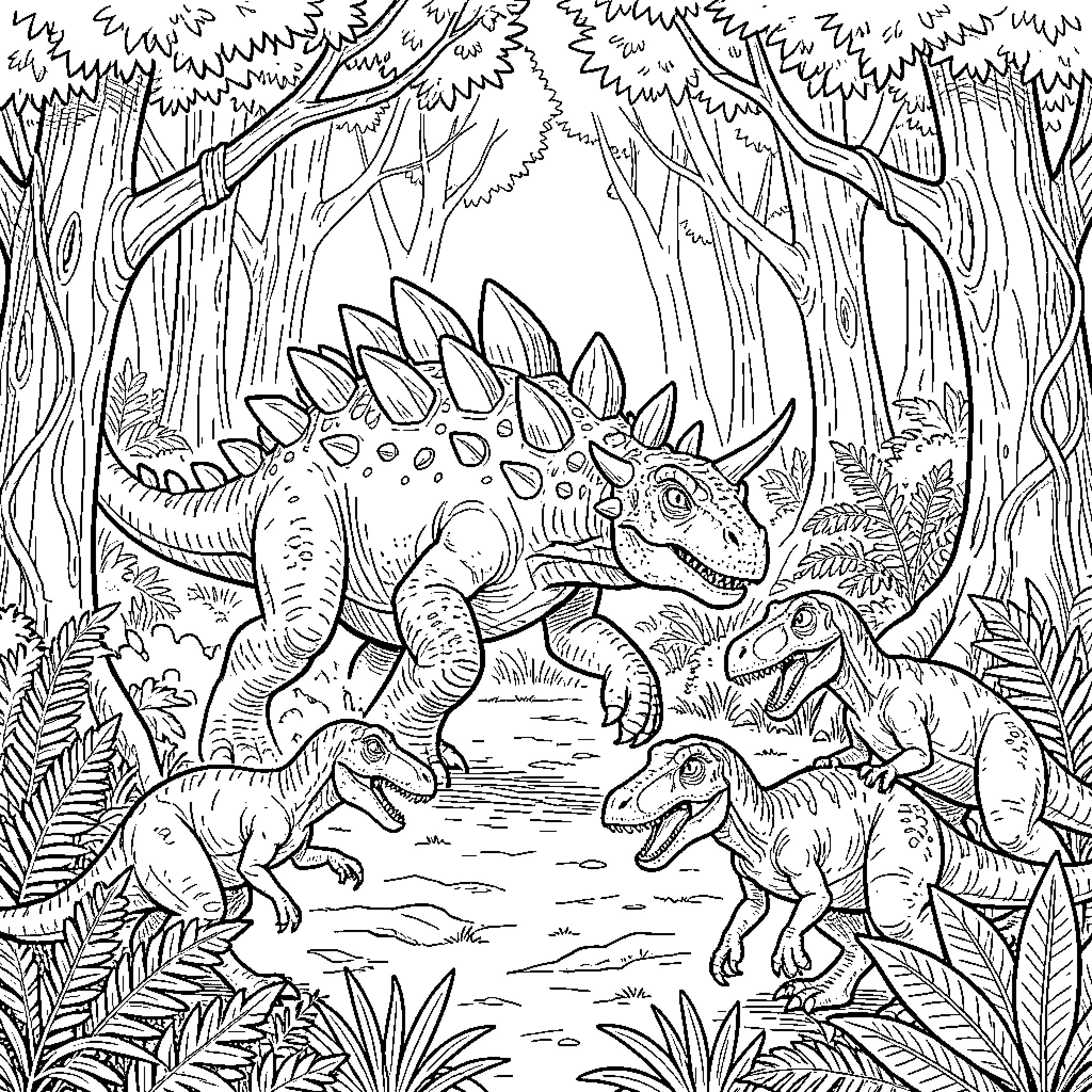 Stegosaurus walking through a dense prehistoric jungle Coloring Page (free black-and-white line drawing printable PDF for all, from beginners to advanced learners, including children, teens, adults, and seniors)