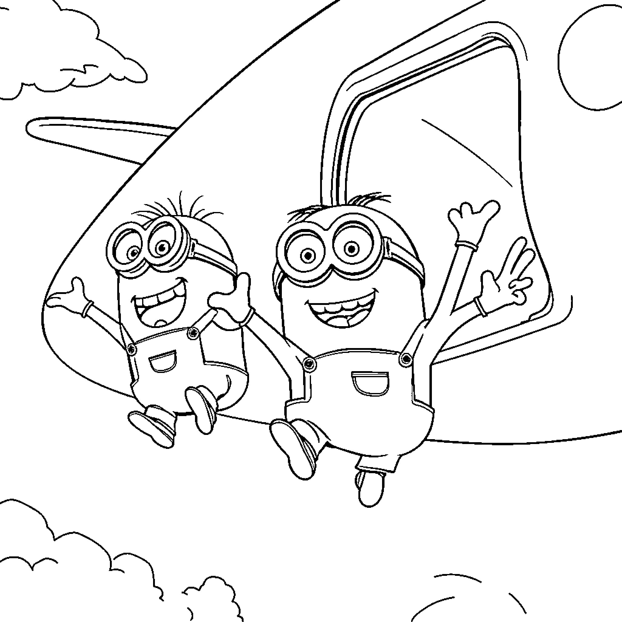 Minions gleefully jumping in the sky Coloring Page (free black-and-white line drawing printable PDF for all, from beginners to advanced learners, including children, teens, adults, and seniors)