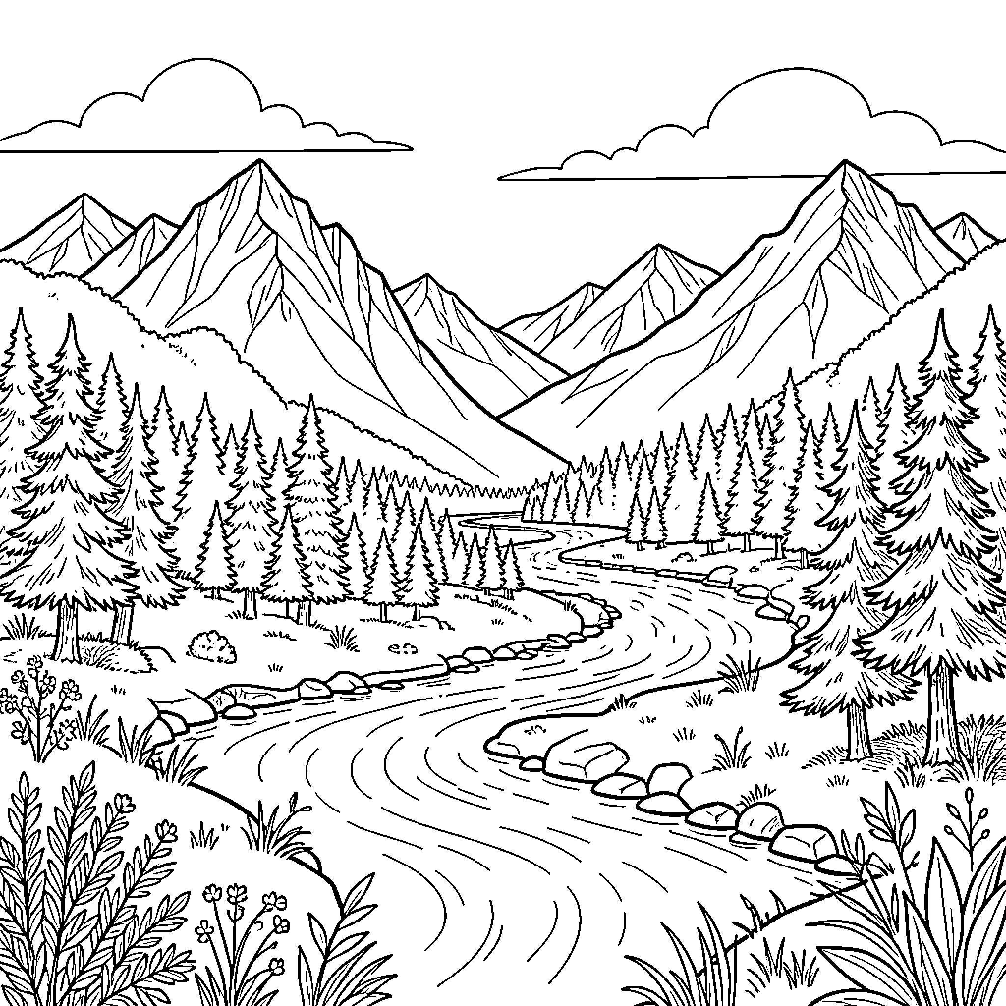 Nature's Scenic Landscape: Mountains, Forests, and Winding River Coloring Page (free black-and-white line drawing printable PDF for all, from beginners to advanced learners, including children, teens, adults, and seniors)