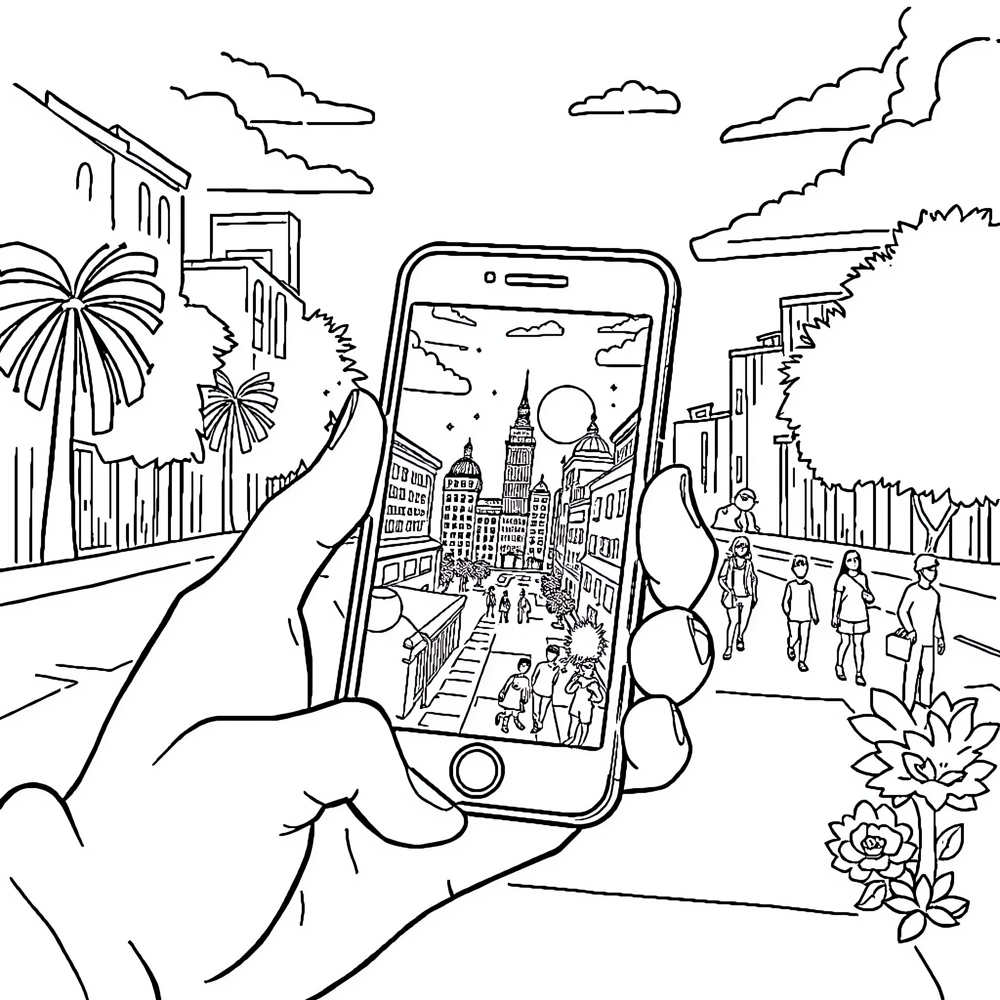 Phone capturing city skyline and pedestrians Coloring Page (free black-and-white line drawing printable PDF for all, from beginners to advanced learners, including children, teens, adults, and seniors)
