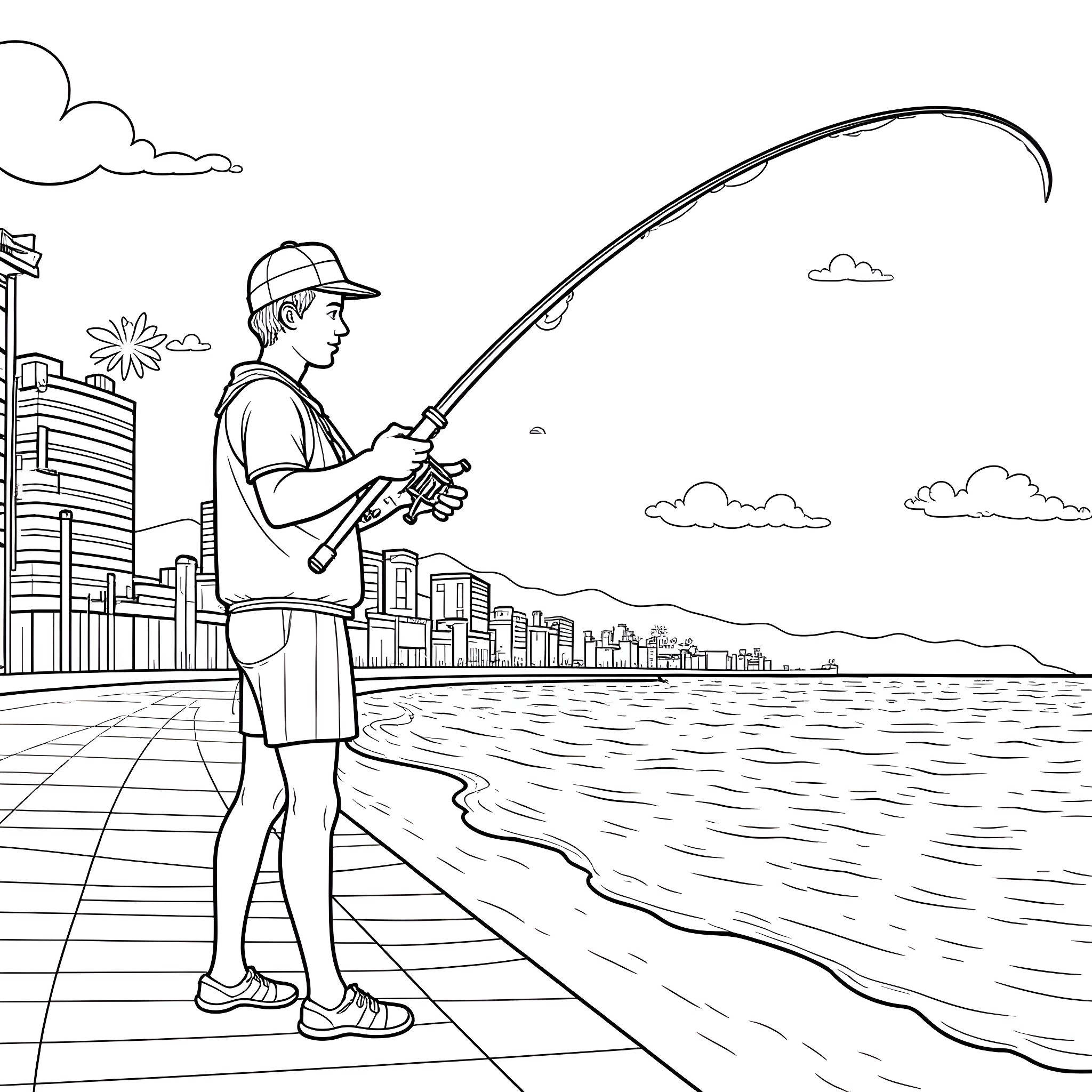 Bluey fishing at the beach with city skyline Coloring Page (free black-and-white line drawing printable PDF for all, from beginners to advanced learners, including children, teens, adults, and seniors)