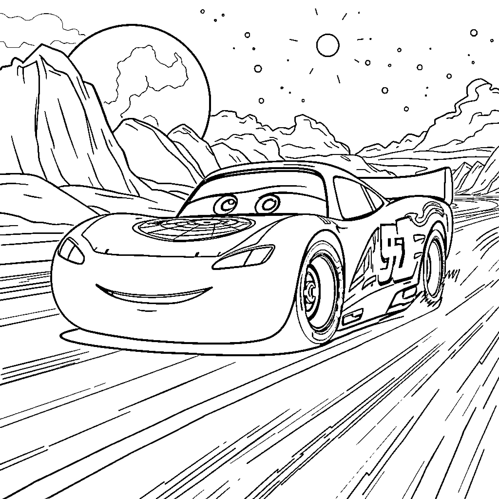 Car racing on a desert road Coloring Page (free black-and-white line drawing printable PDF for all, from beginners to advanced learners, including children, teens, adults, and seniors)