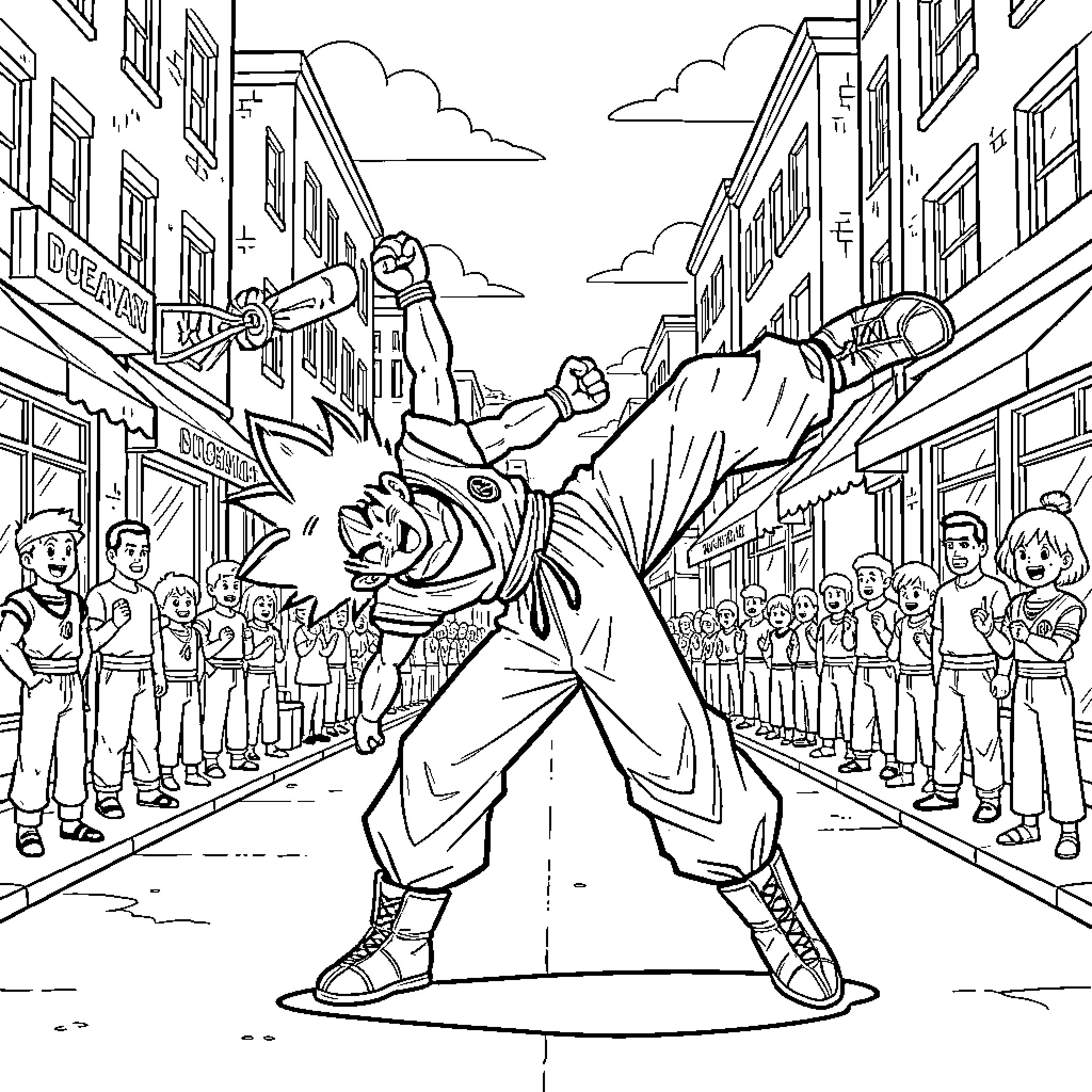Goku's Heroic Stance in the City Streets Coloring Page (free black-and-white line drawing printable PDF for all, from beginners to advanced learners, including children, teens, adults, and seniors)