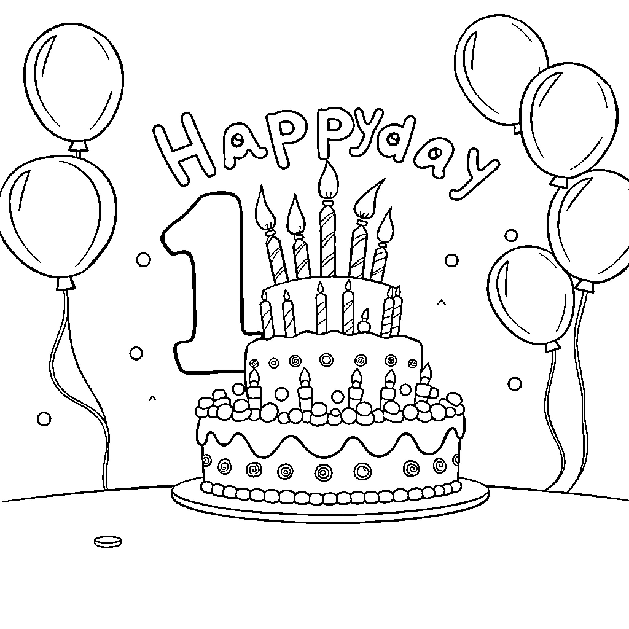 Birthday celebration with cake and balloons Coloring Page (free black-and-white line drawing printable PDF for all, from beginners to advanced learners, including children, teens, adults, and seniors)