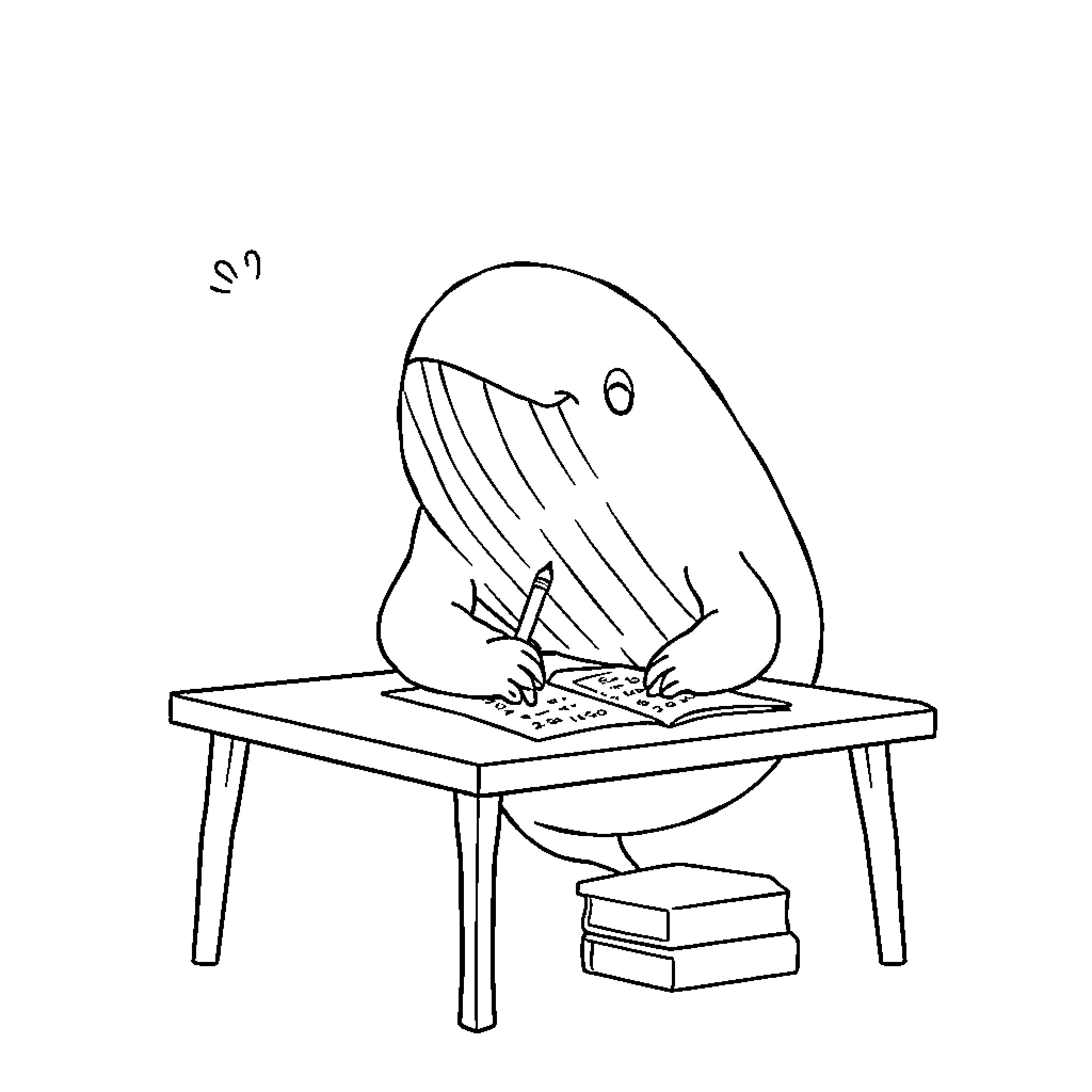 Whale diligently working at a desk Coloring Page (free black-and-white line drawing printable PDF for all, from beginners to advanced learners, including children, teens, adults, and seniors)