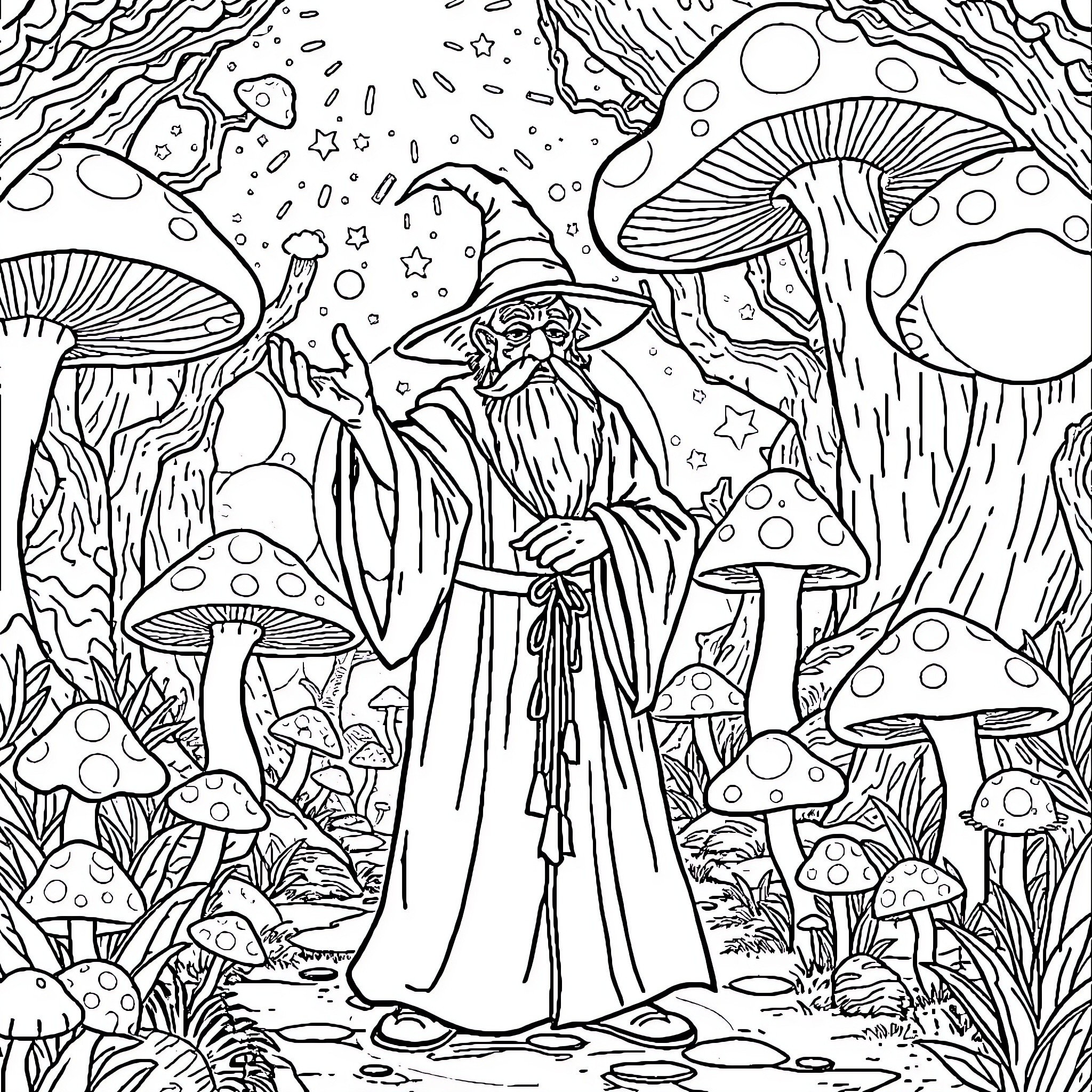 Wizard amidst enchanted mushroom forest Coloring Page (free black-and-white line drawing printable PDF for all, from beginners to advanced learners, including children, teens, adults, and seniors)