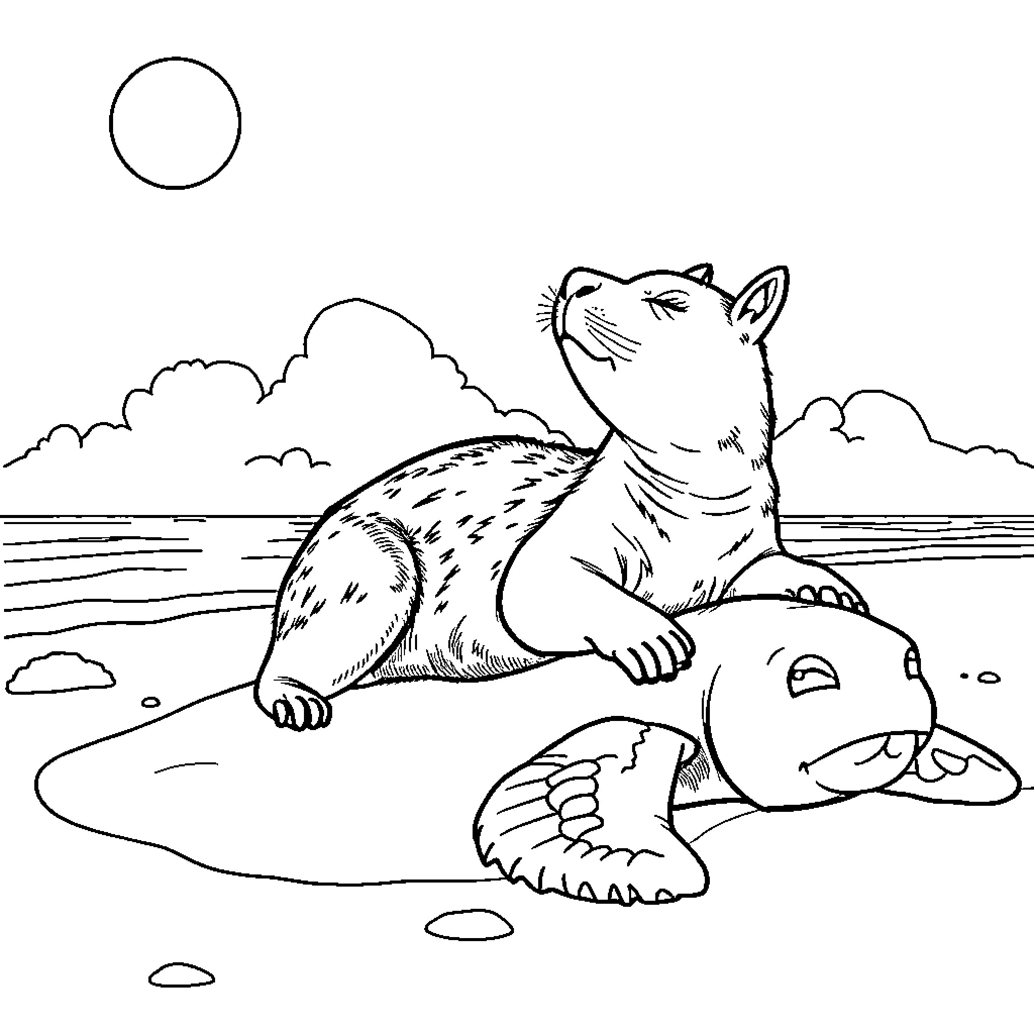 Capybara enjoying a peaceful day by the shore Coloring Page (free black-and-white line drawing printable PDF for all, from beginners to advanced learners, including children, teens, adults, and seniors)
