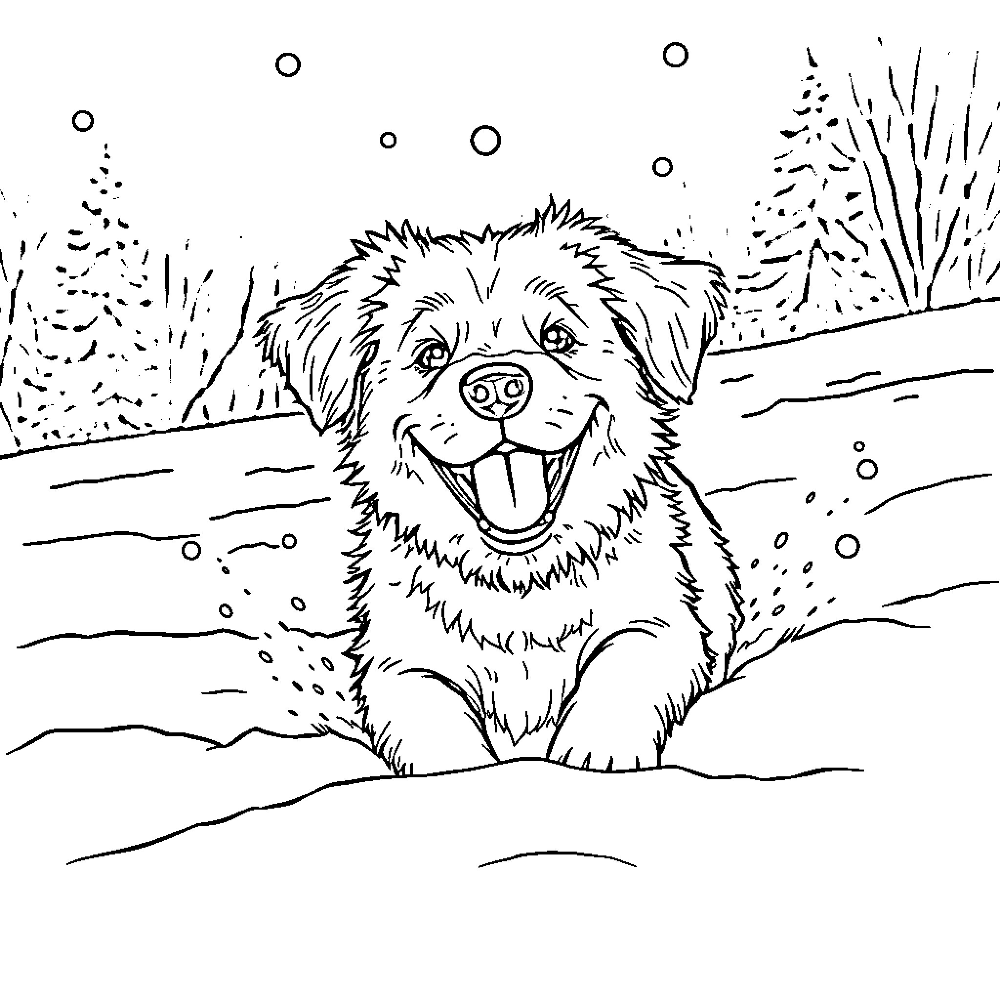 Dog enjoying a snowy day Coloring Page (free black-and-white line drawing printable PDF for all, from beginners to advanced learners, including children, teens, adults, and seniors)