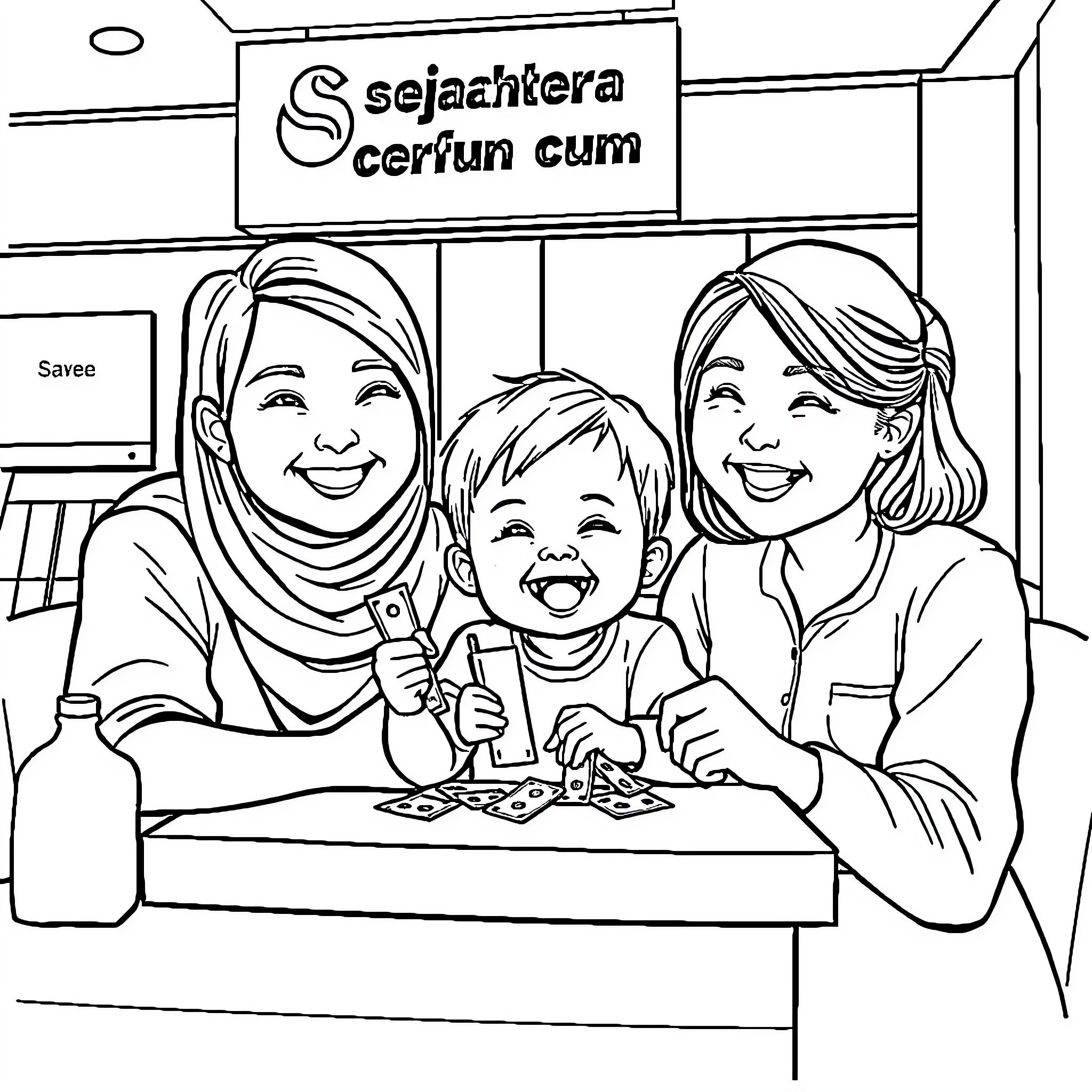 Child enjoying ice cream with family Coloring Page (free black-and-white line drawing printable PDF for all, from beginners to advanced learners, including children, teens, adults, and seniors)