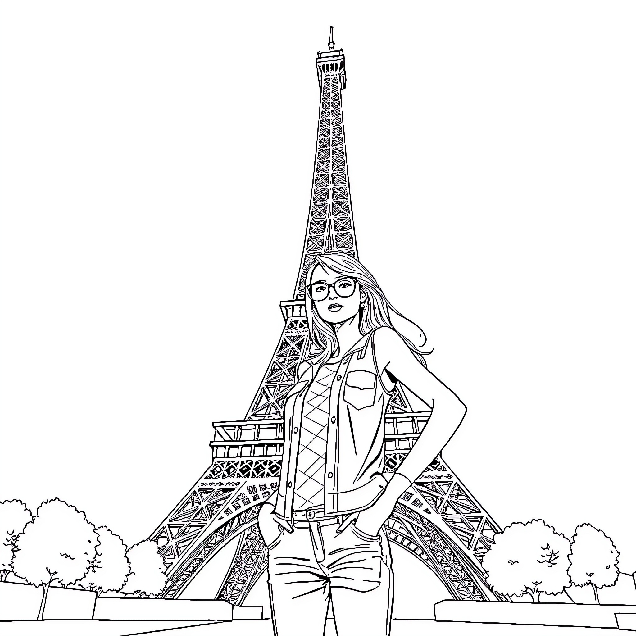 Girl standing confidently in front of Eiffel Tower Coloring Page (free black-and-white line drawing printable PDF for all, from beginners to advanced learners, including children, teens, adults, and seniors)