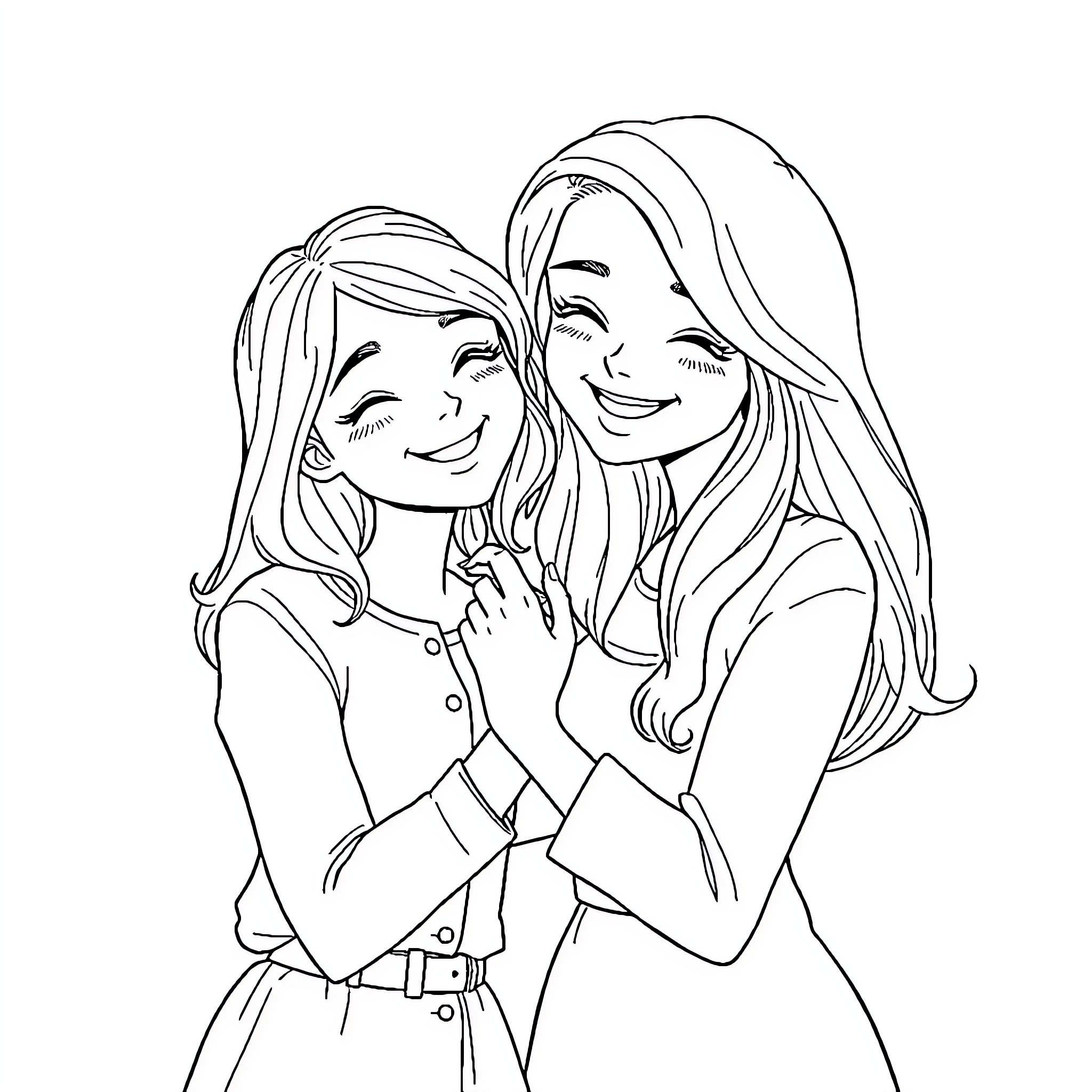 Friend's Joyful Embrace Coloring Page (free black-and-white line drawing printable PDF for all, from beginners to advanced learners, including children, teens, adults, and seniors)