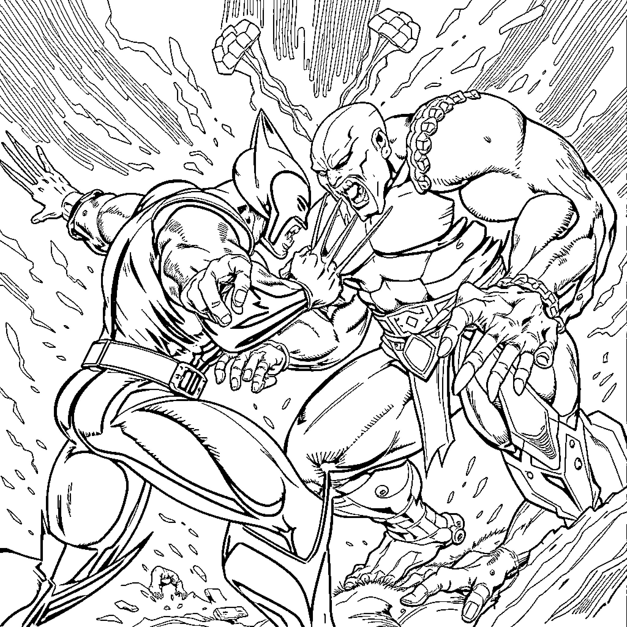 Wolverine engaging in intense battle with formidable foe Coloring Page (free black-and-white line drawing printable PDF for all, from beginners to advanced learners, including children, teens, adults, and seniors)