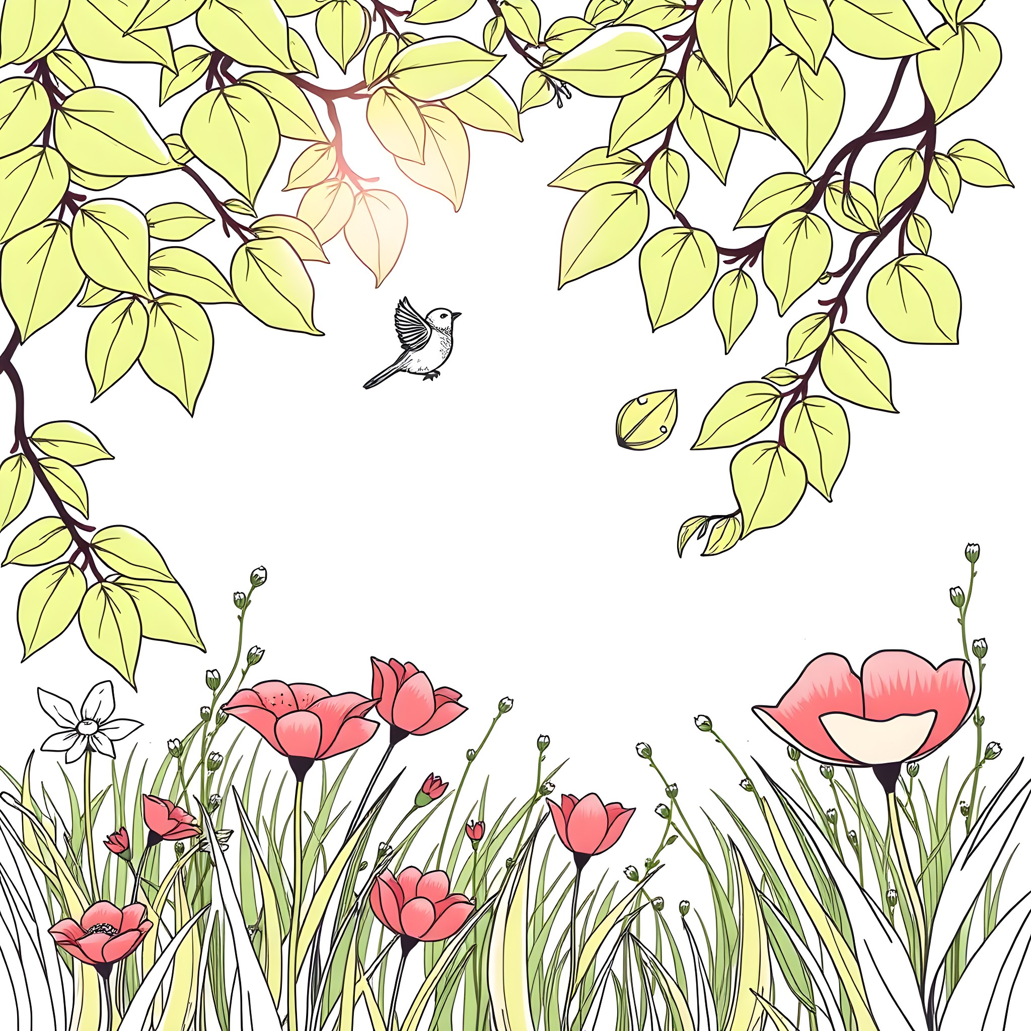 Summer morning in the garden with blooming flowers Coloring Page (free black-and-white line drawing printable PDF for all, from beginners to advanced learners, including children, teens, adults, and seniors)