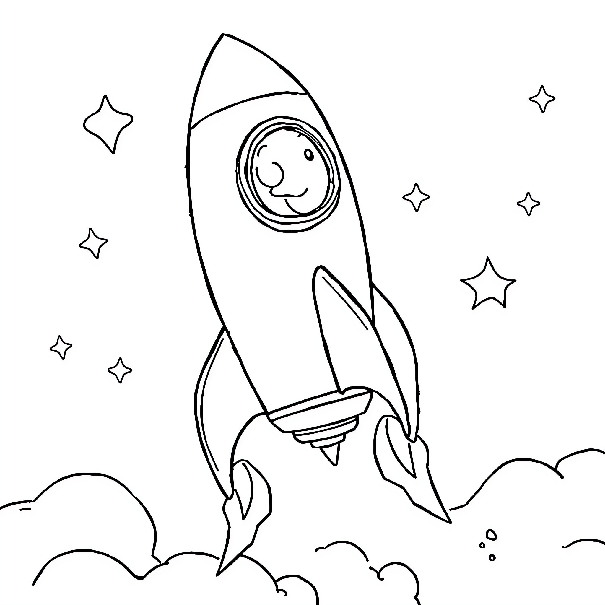 Rocket soaring into the starry sky Coloring Page (free black-and-white line drawing printable PDF for all, from beginners to advanced learners, including children, teens, adults, and seniors)