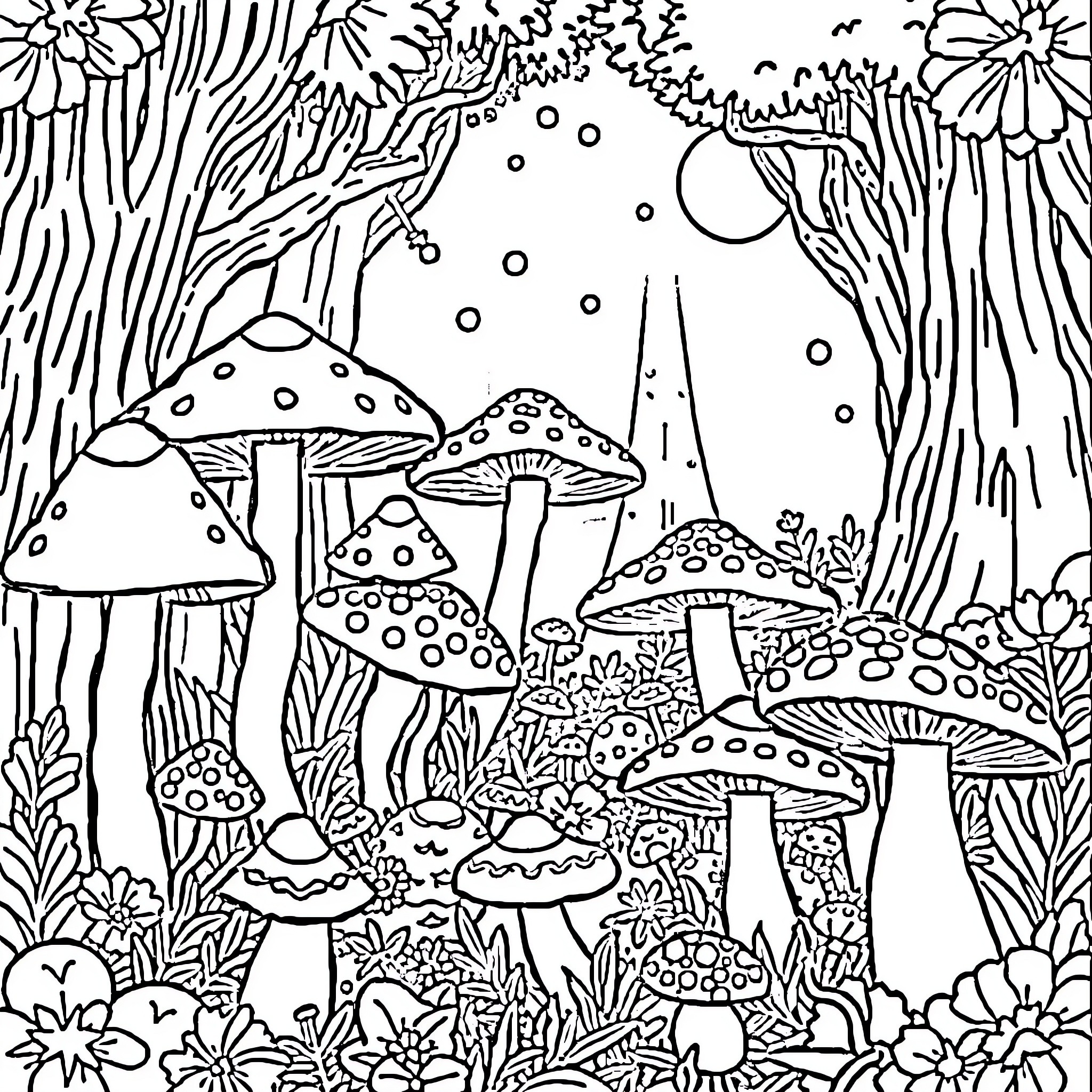 Mushroom forest scene with whimsical elements Coloring Page (free black-and-white line drawing printable PDF for all, from beginners to advanced learners, including children, teens, adults, and seniors)