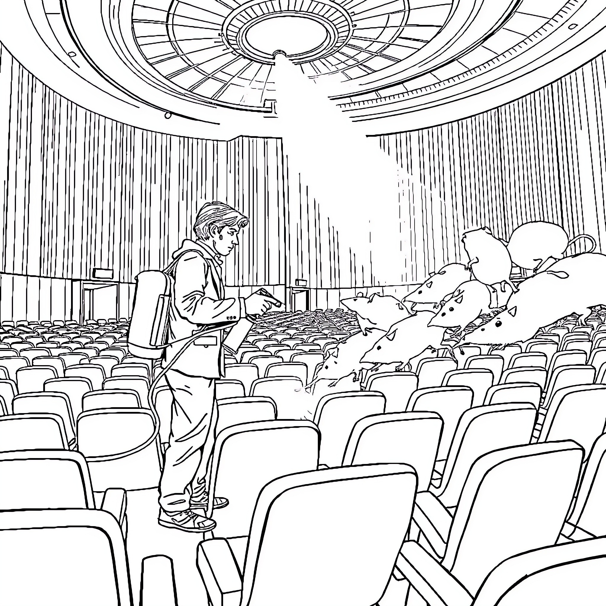 Javier Milei stands alone in an empty auditorium Coloring Page (free black-and-white line drawing printable PDF for all, from beginners to advanced learners, including children, teens, adults, and seniors)