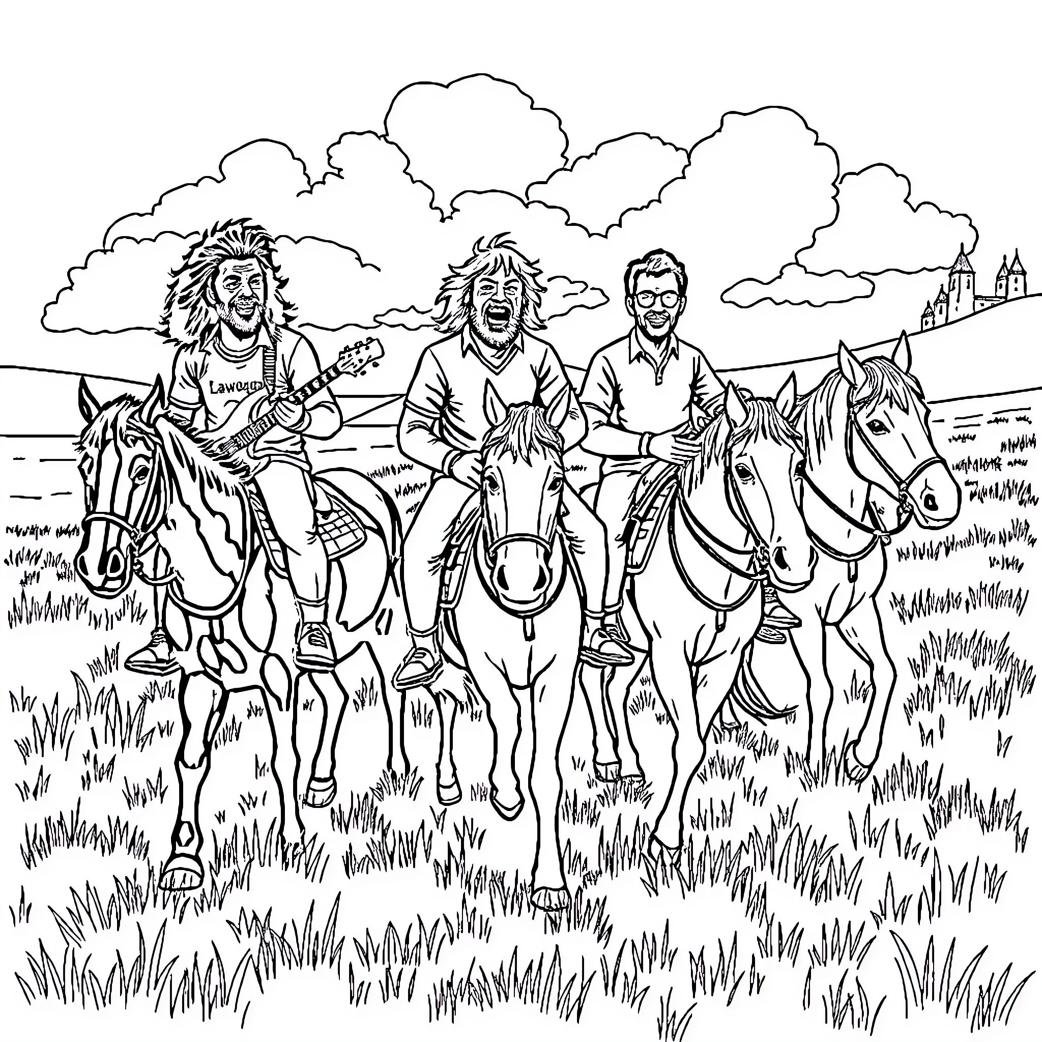 Lagwagon band members riding horses in a grassy field Coloring Page (free black-and-white line drawing printable PDF for all, from beginners to advanced learners, including children, teens, adults, and seniors)