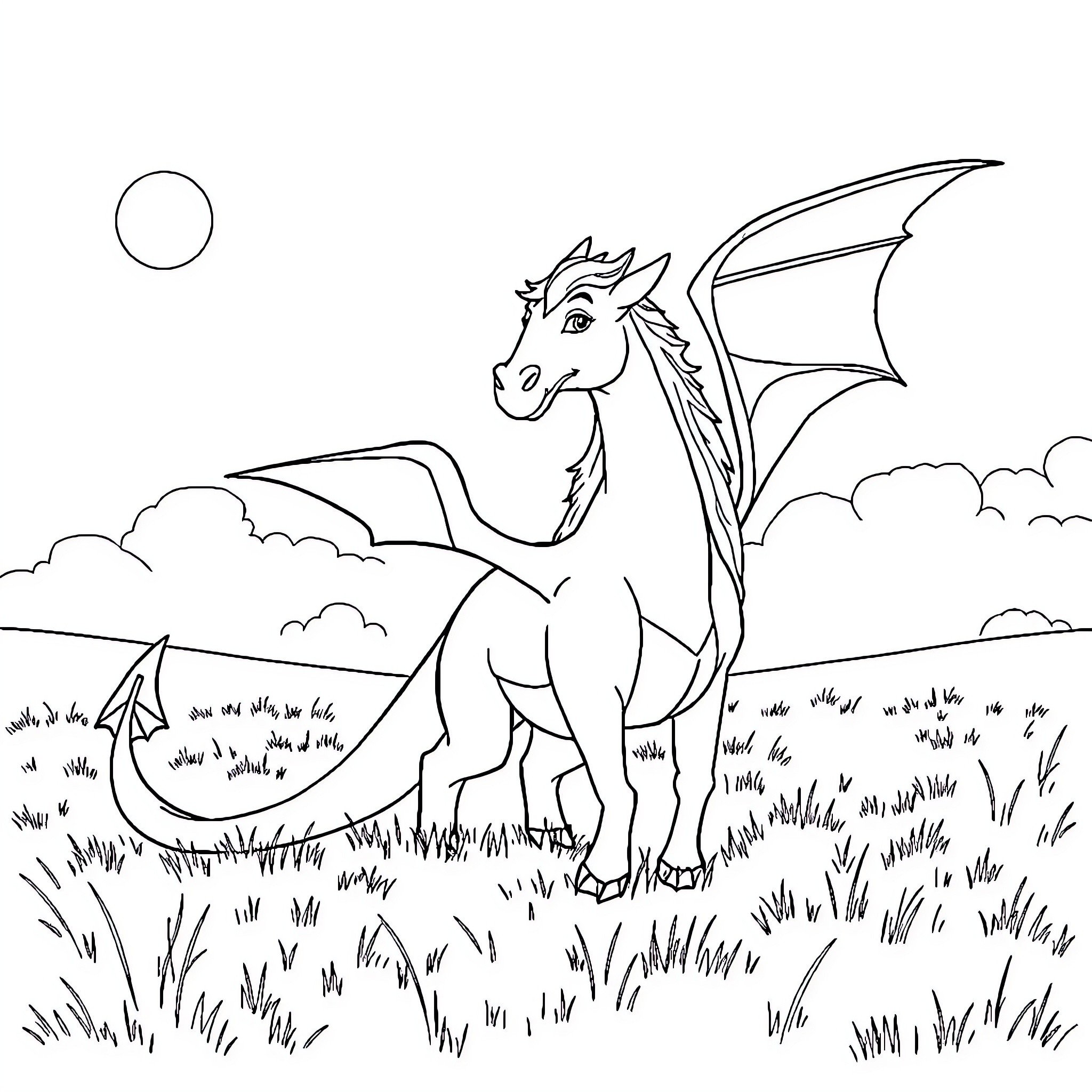 Dragon soaring through the cloudy sky Coloring Page (free black-and-white line drawing printable PDF for all, from beginners to advanced learners, including children, teens, adults, and seniors)