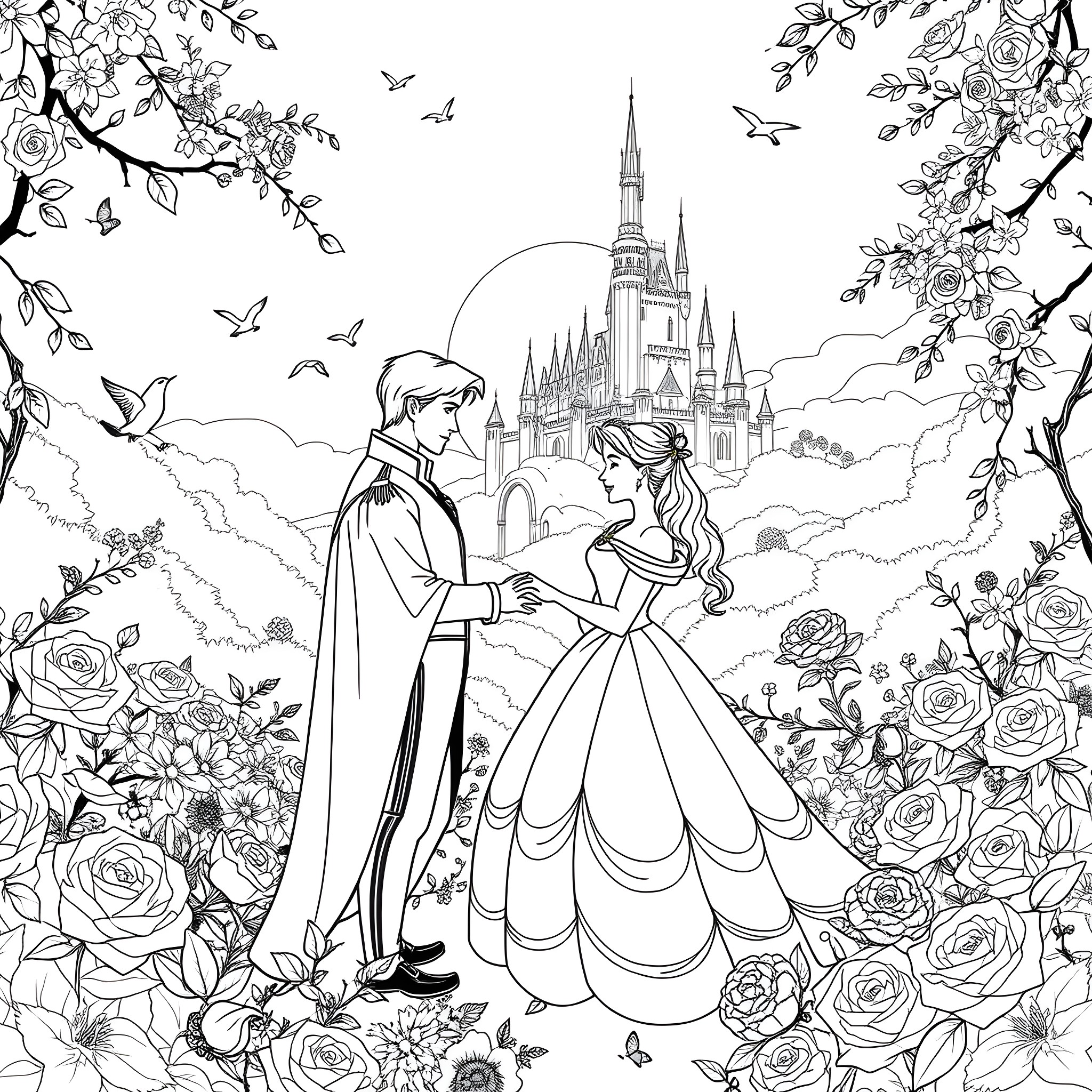 Belle's Magical Fairytale Romance Coloring Page (free black-and-white line drawing printable PDF for all, from beginners to advanced learners, including children, teens, adults, and seniors)