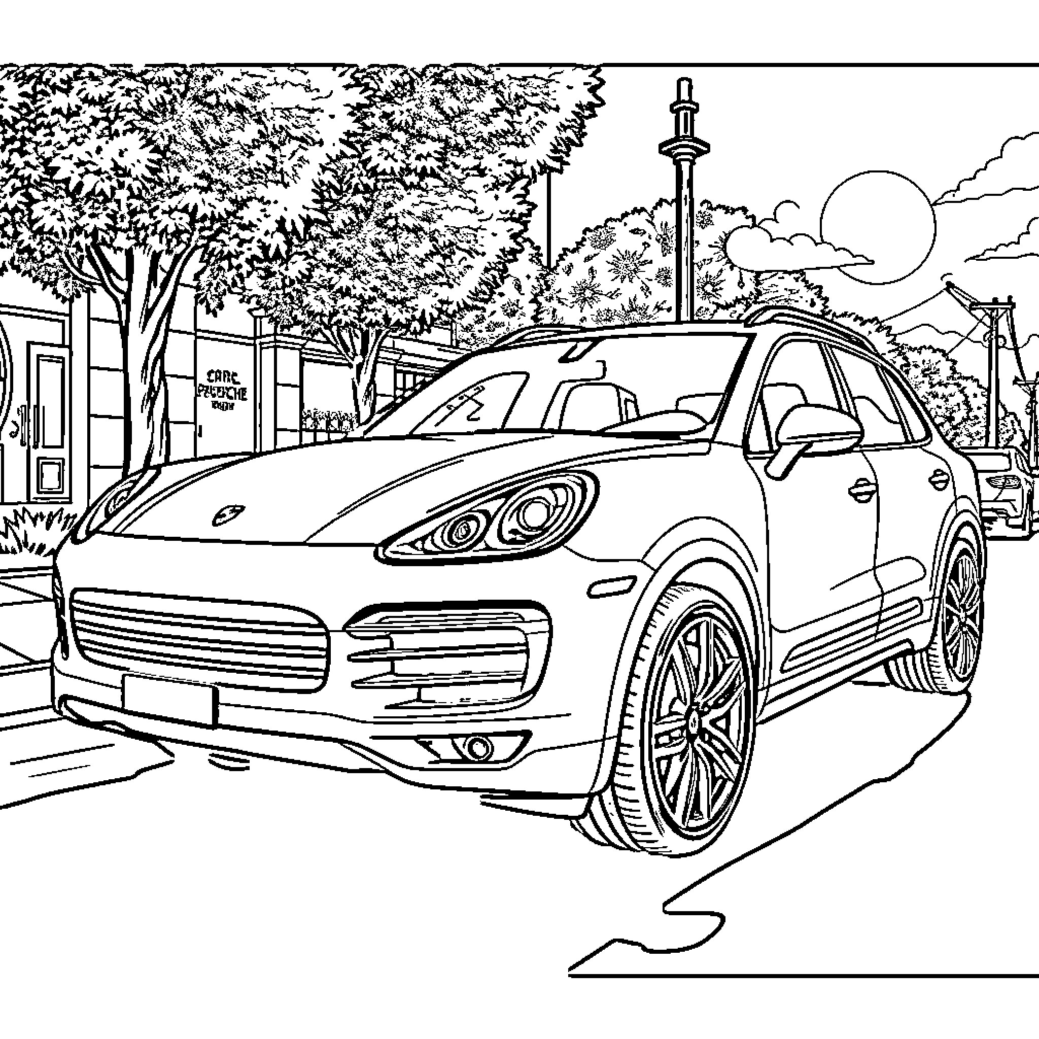 Porsche luxury SUV on city street Coloring Page (free black-and-white line drawing printable PDF for all, from beginners to advanced learners, including children, teens, adults, and seniors)
