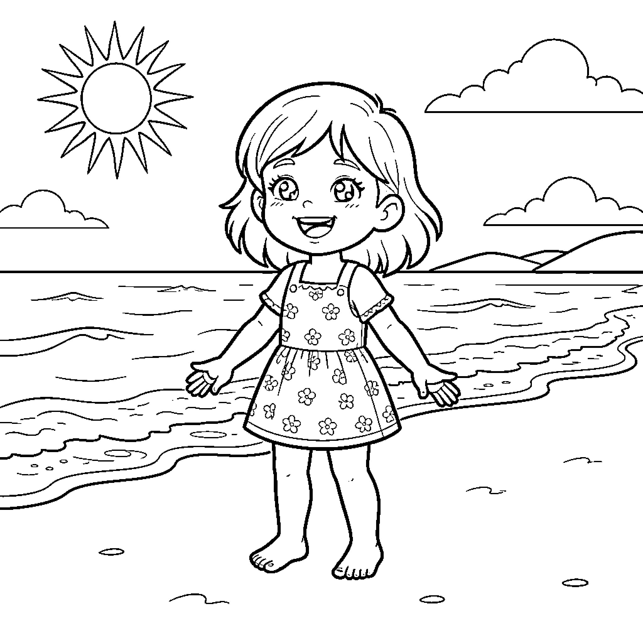 Girl enjoying a sunny day at the beach Coloring Page (free black-and-white line drawing printable PDF for all, from beginners to advanced learners, including children, teens, adults, and seniors)