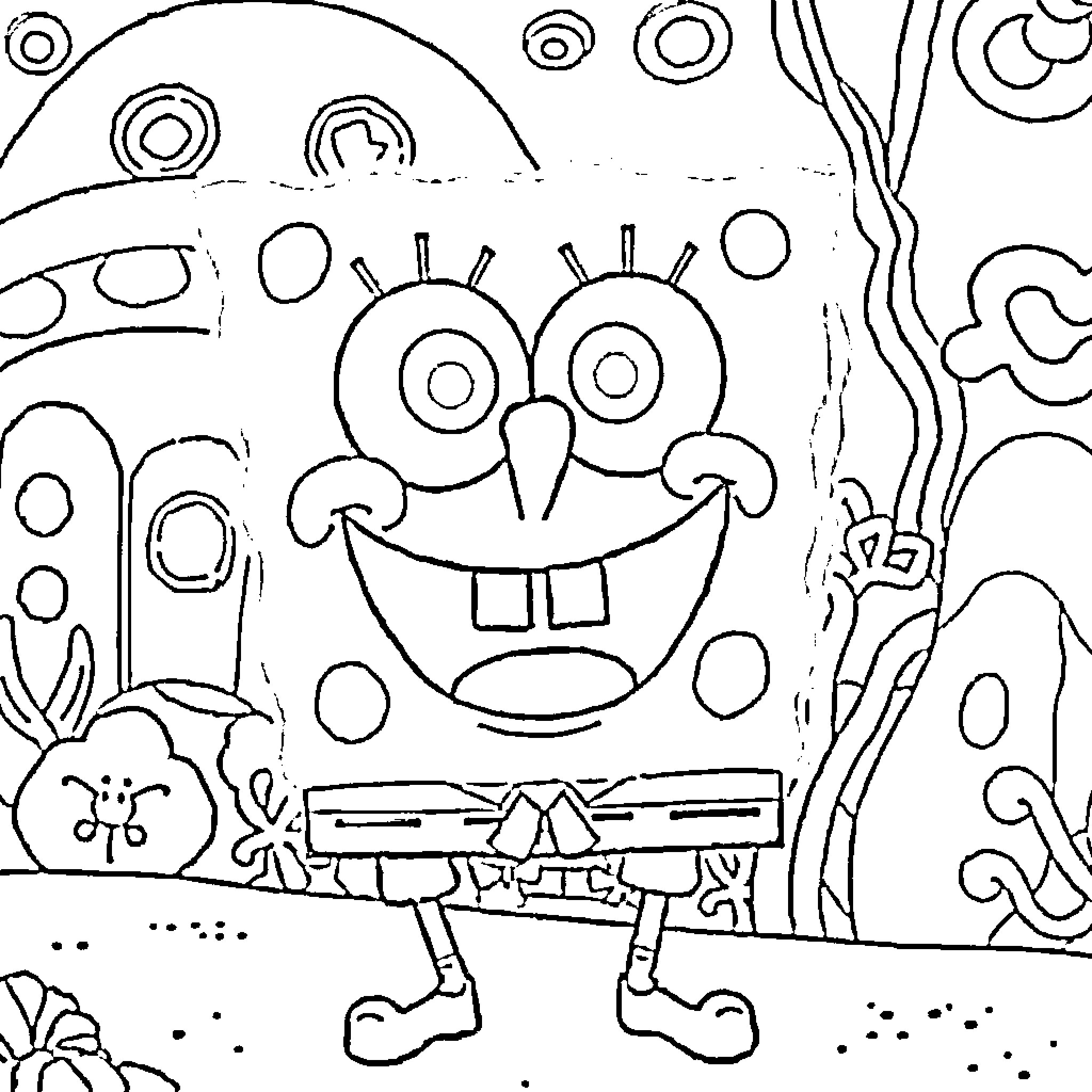 Spongebob dancing cheerfully in a whimsical underwater scene Coloring Page (free black-and-white line drawing printable PDF for all, from beginners to advanced learners, including children, teens, adults, and seniors)