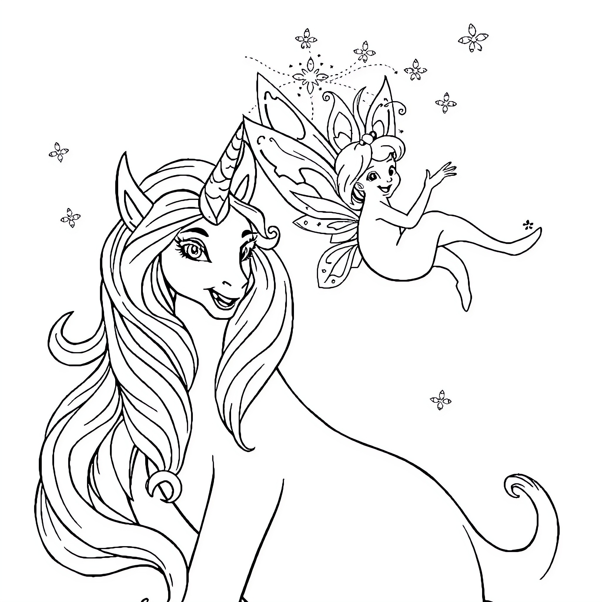 Mermaid and Fairy in Magical Underwater World Coloring Page (free black-and-white line drawing printable PDF for all, from beginners to advanced learners, including children, teens, adults, and seniors)