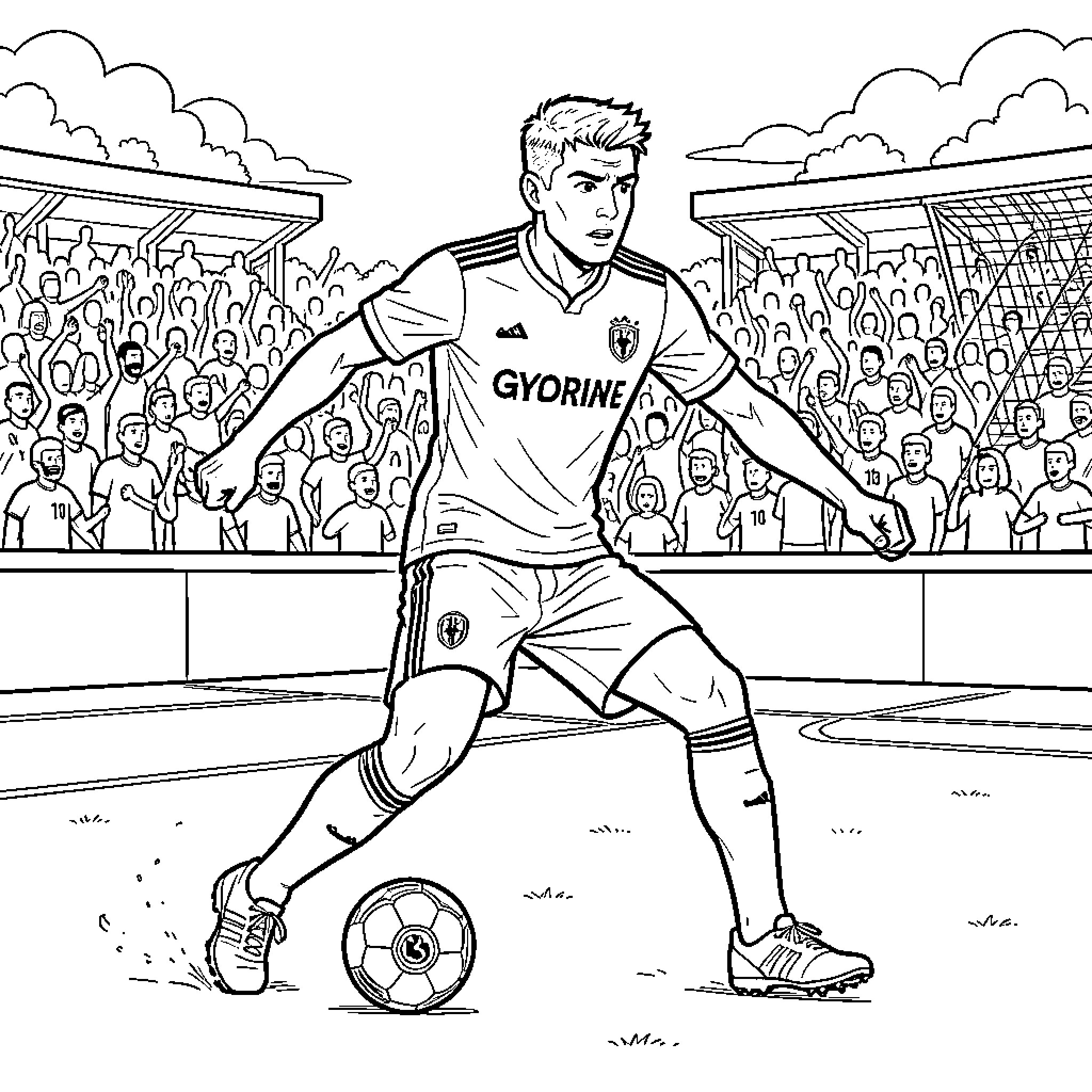 Gvardiol dribbling a soccer ball during a match Coloring Page (free black-and-white line drawing printable PDF for all, from beginners to advanced learners, including children, teens, adults, and seniors)