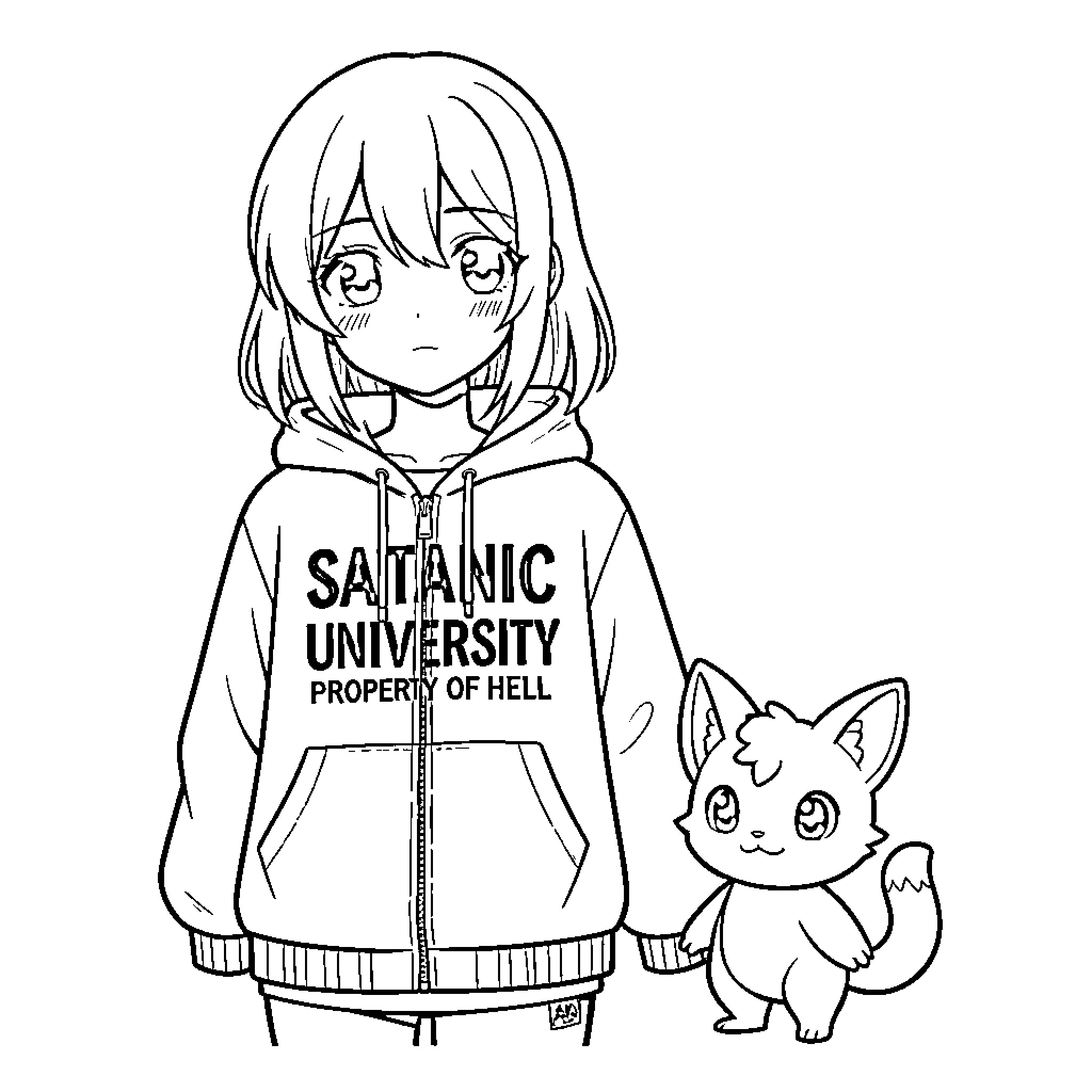 Anime Girl wearing a hoodie standing with a kitten Coloring Page (free black-and-white line drawing printable PDF for all, from beginners to advanced learners, including children, teens, adults, and seniors)